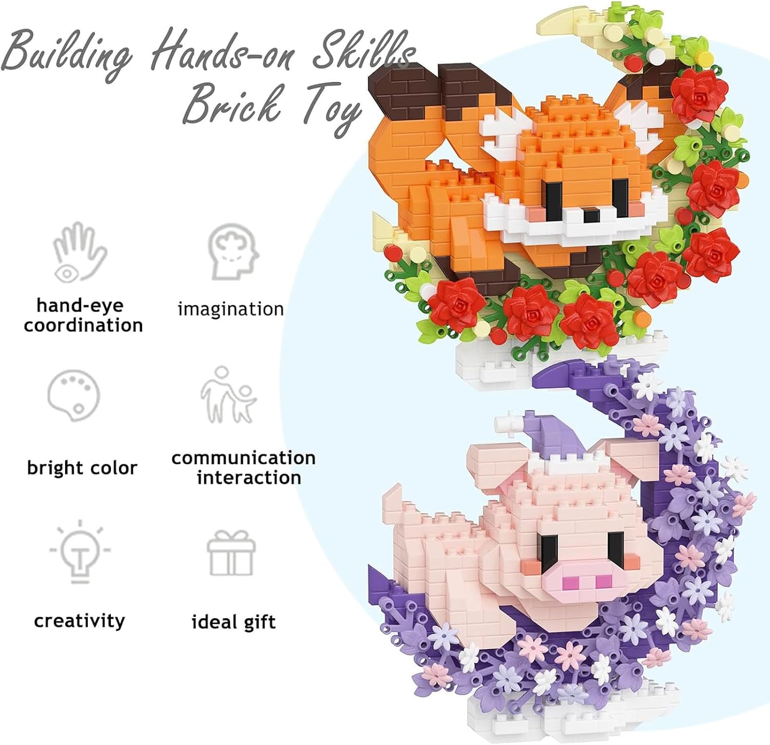 2 Packs Animals Micro Building Block - Fox & Pig, Cute Building Block Set Animals for Goodie Bags Stuffer, Fox & Pig & Rose on The Moon, Classroom Favor image 5