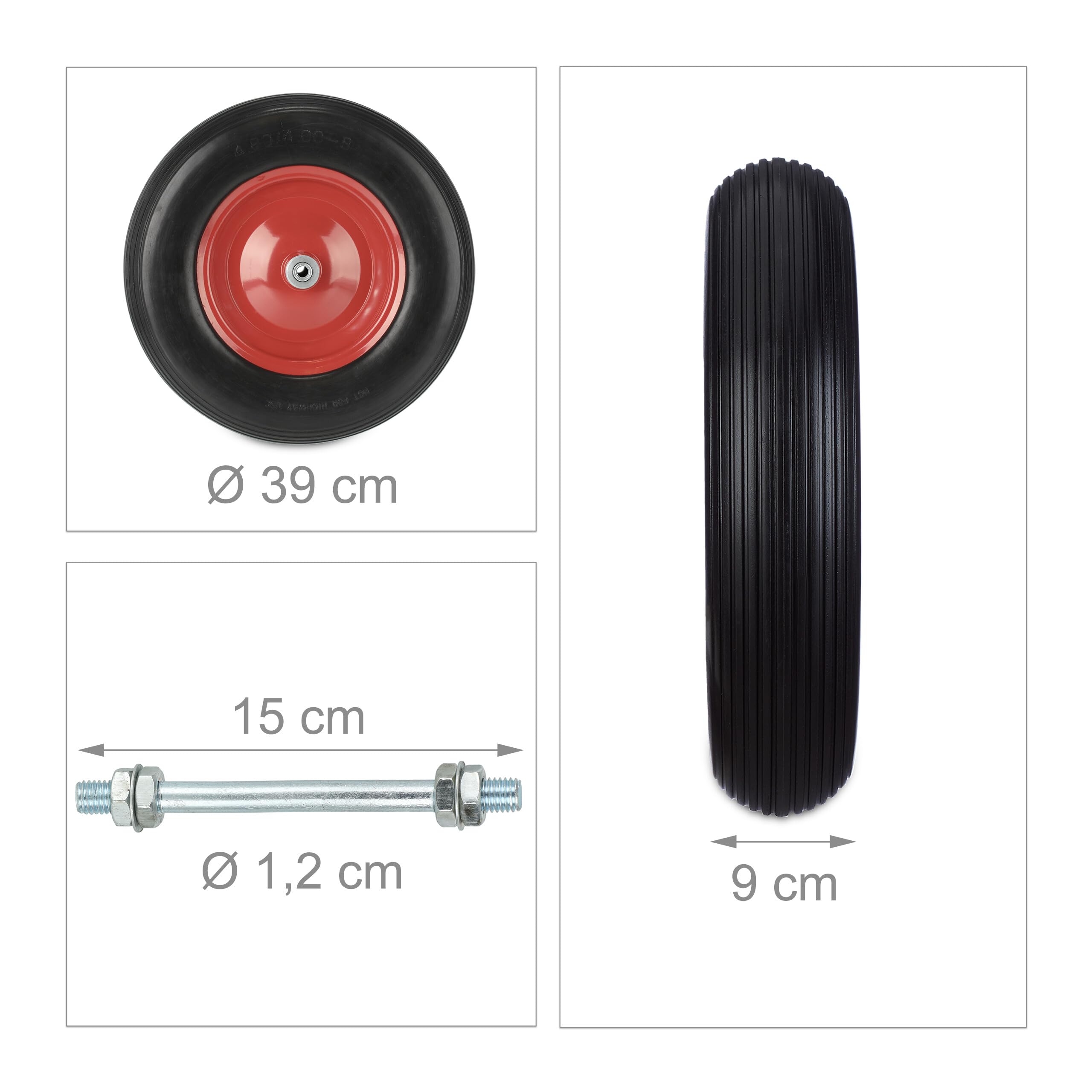 Relaxdays Ruote Carriola 4.80 4.00-8, Gomma Piena, Cerchione in Acciaio, da Carrello, Carico 120 kg, in PU, Nero Rosso