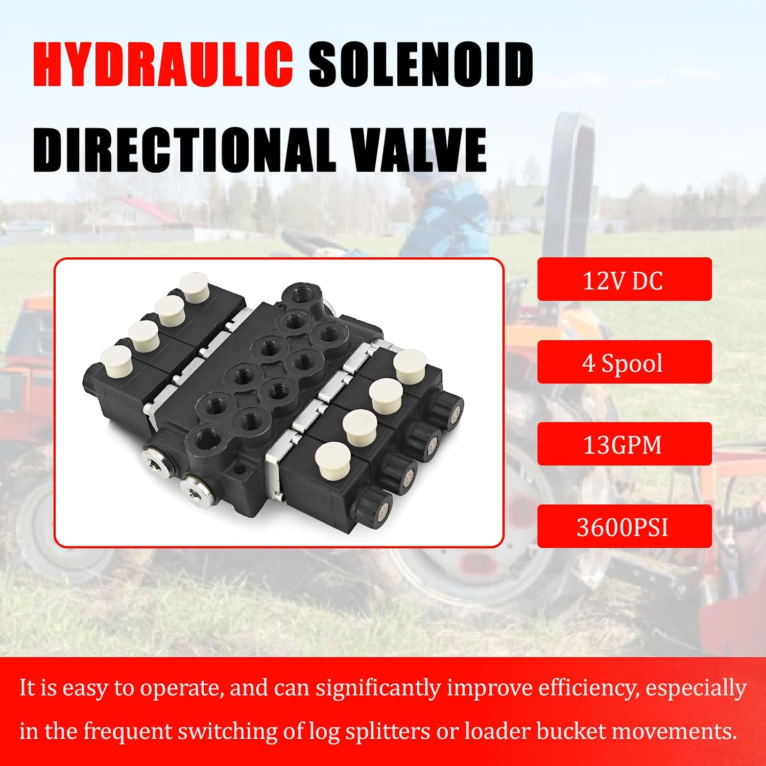 4 Spool Solenoid 12V DC Hydraulic Control Valve 13 GPM 3600 PSI Double Acting Hydraulic Solenoid Directional Valve SAE Ports for Loaders Tractors Log Splitters