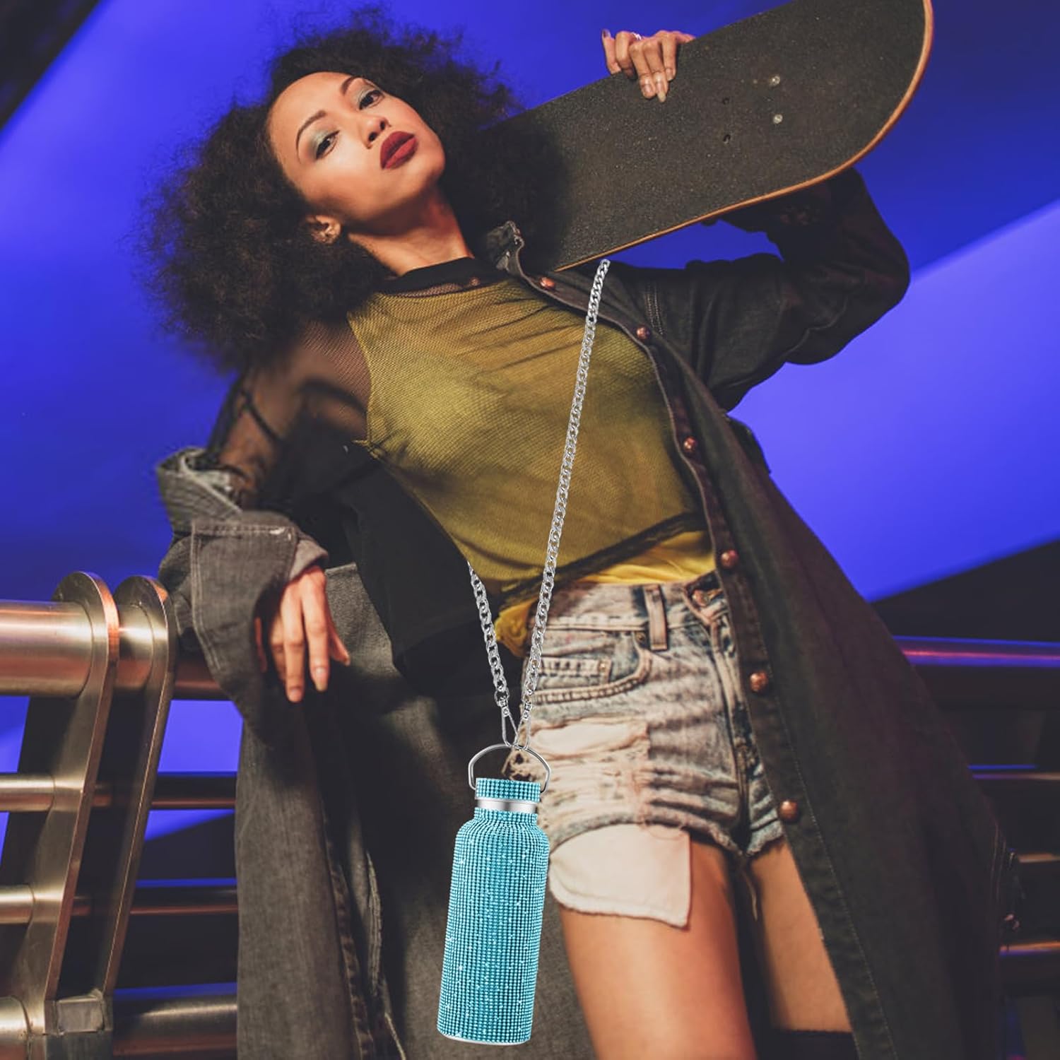 Bling Water Bottle Rhinestone,Diamond Water Bottle,Glitter Rhinestones Stainless Steel Thermal Bottle,Bling Cup for Women Girls,Bling Tumblers with 2 Style lids and 55in Chain (Blue) - Image 6