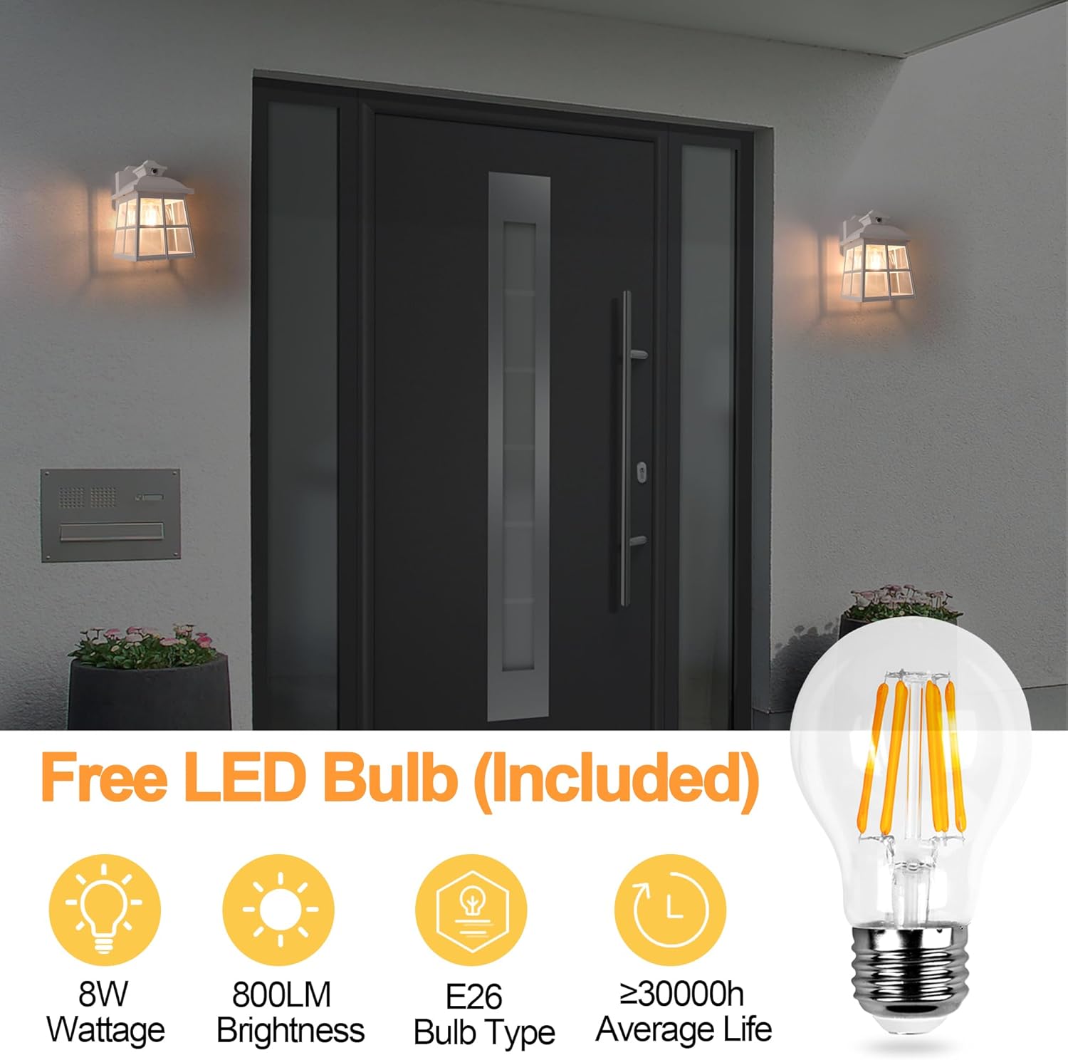 FUDESY Dusk to Dawn LED Outdoor Wall Lantern,White Plastic Photocell Sensor Porch Light with 8W 800LM Edison Filament Bulb,Exterior Wall Mount Light Fixture for Yard,Patio,Garage,FDS747EPSW1