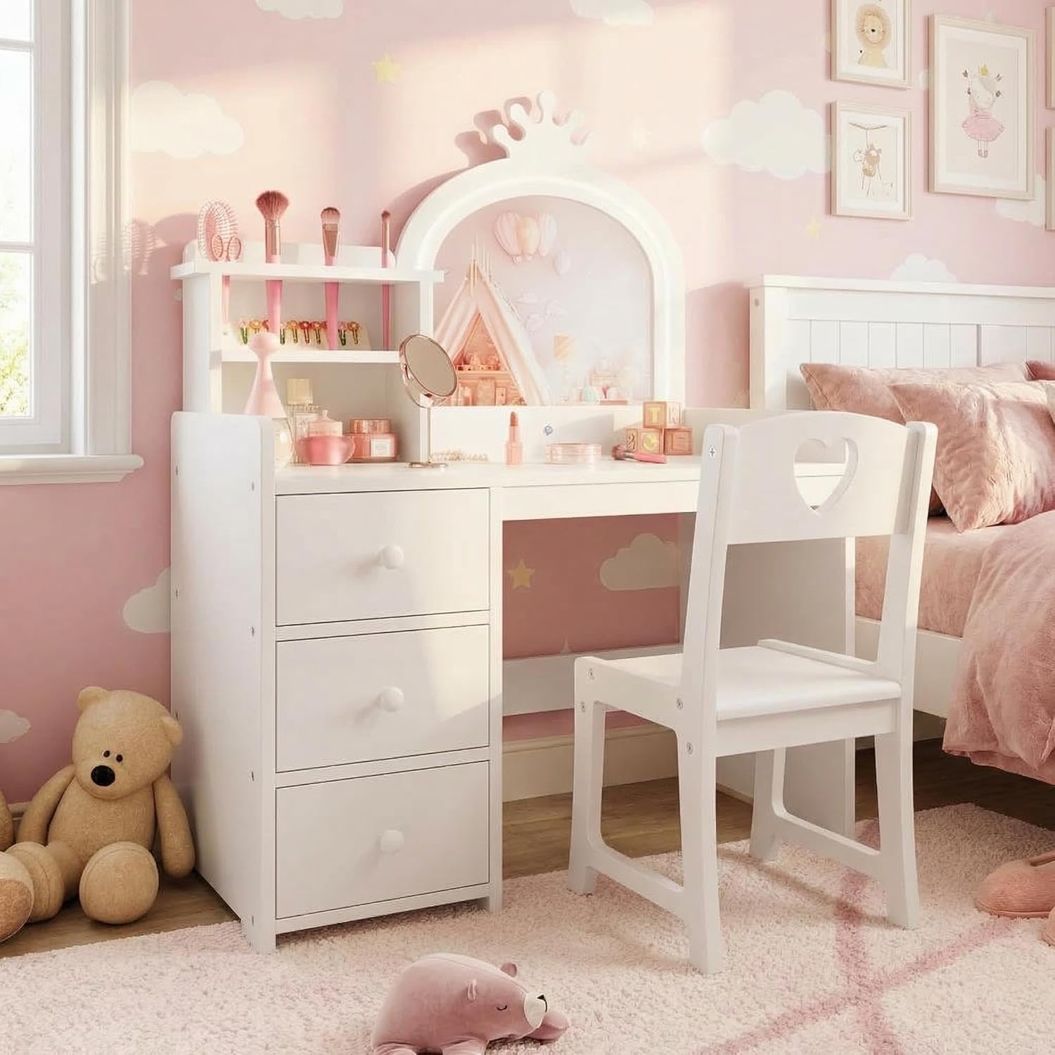 Takywep Kids Vanity Desk with 3-Color LED Mirror & Chair – 2-in-1 Girls Makeup Vanity with Storage Drawers & Shelves, Wooden Princess Dressing Table for Bedroom, White