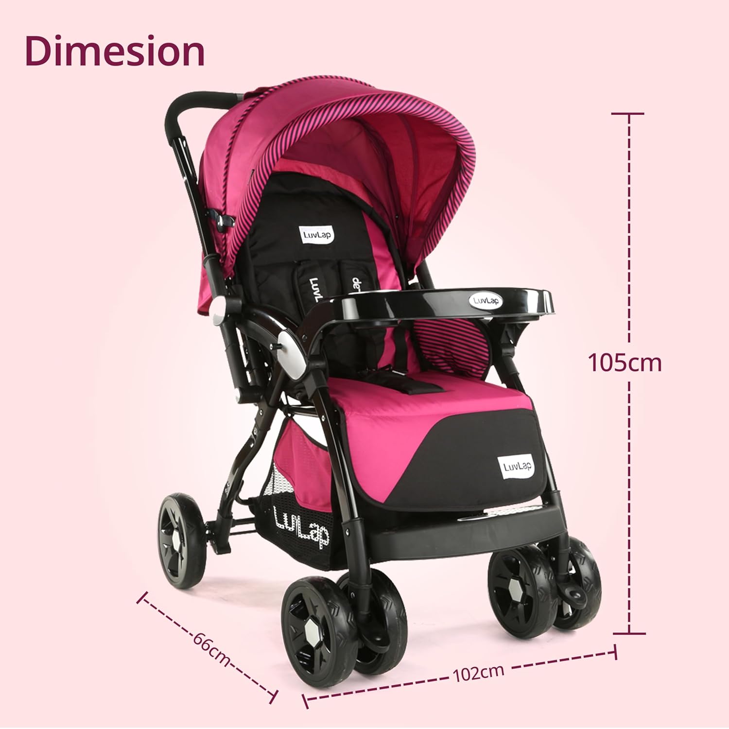 LuvLap Galaxy baby stroller, Pram for baby with 5 point safety harness, Spacious Cushioned seat with Multi level seat recline, Easy Fold, Lightweight baby stroller for 0 to 3 years (Pink & Black) 8 71lAwPiuQbL. SL1500