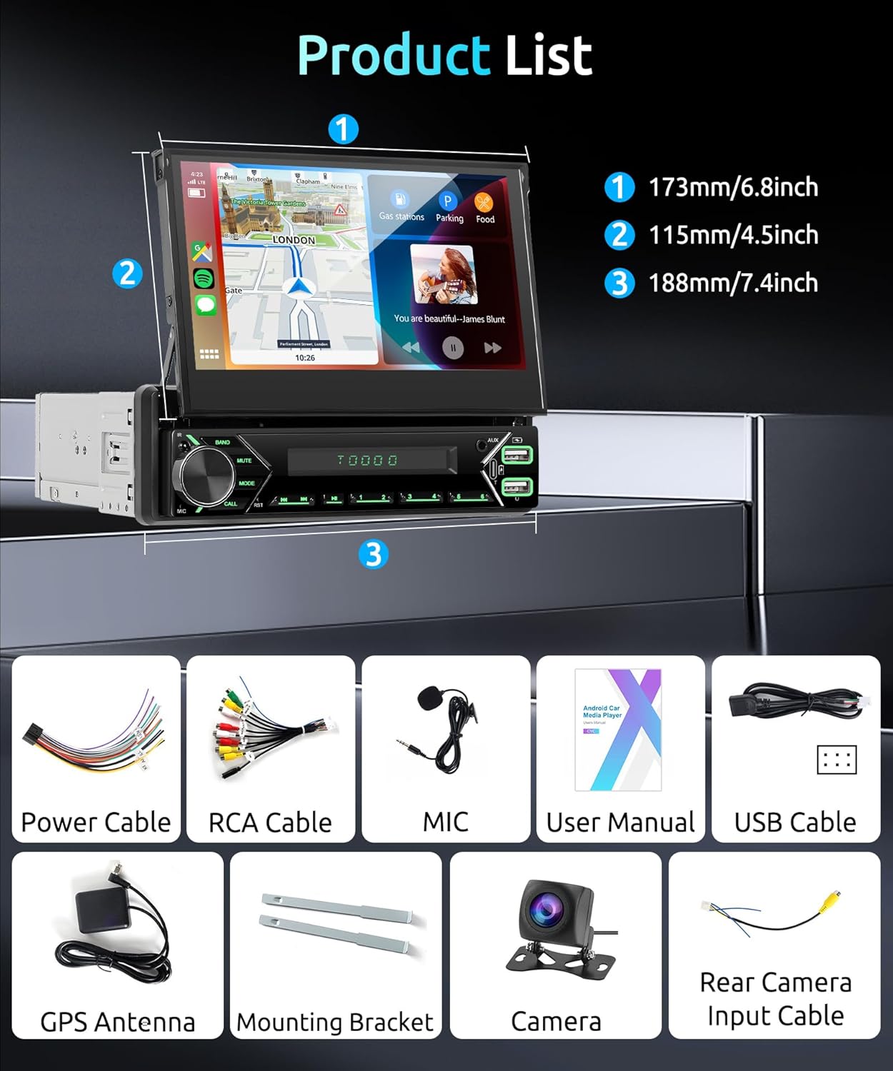 Android 13 2G 64G Single Din Car Stereo with Wireless Carplay Android Auto (Manual) 7 Inch Flip Out Touchscreen Car Radio 5.0 Bluetooth MirrorLink Backup Camera/USB/AUX Type-C/RDS/FM/WiFi/EQ