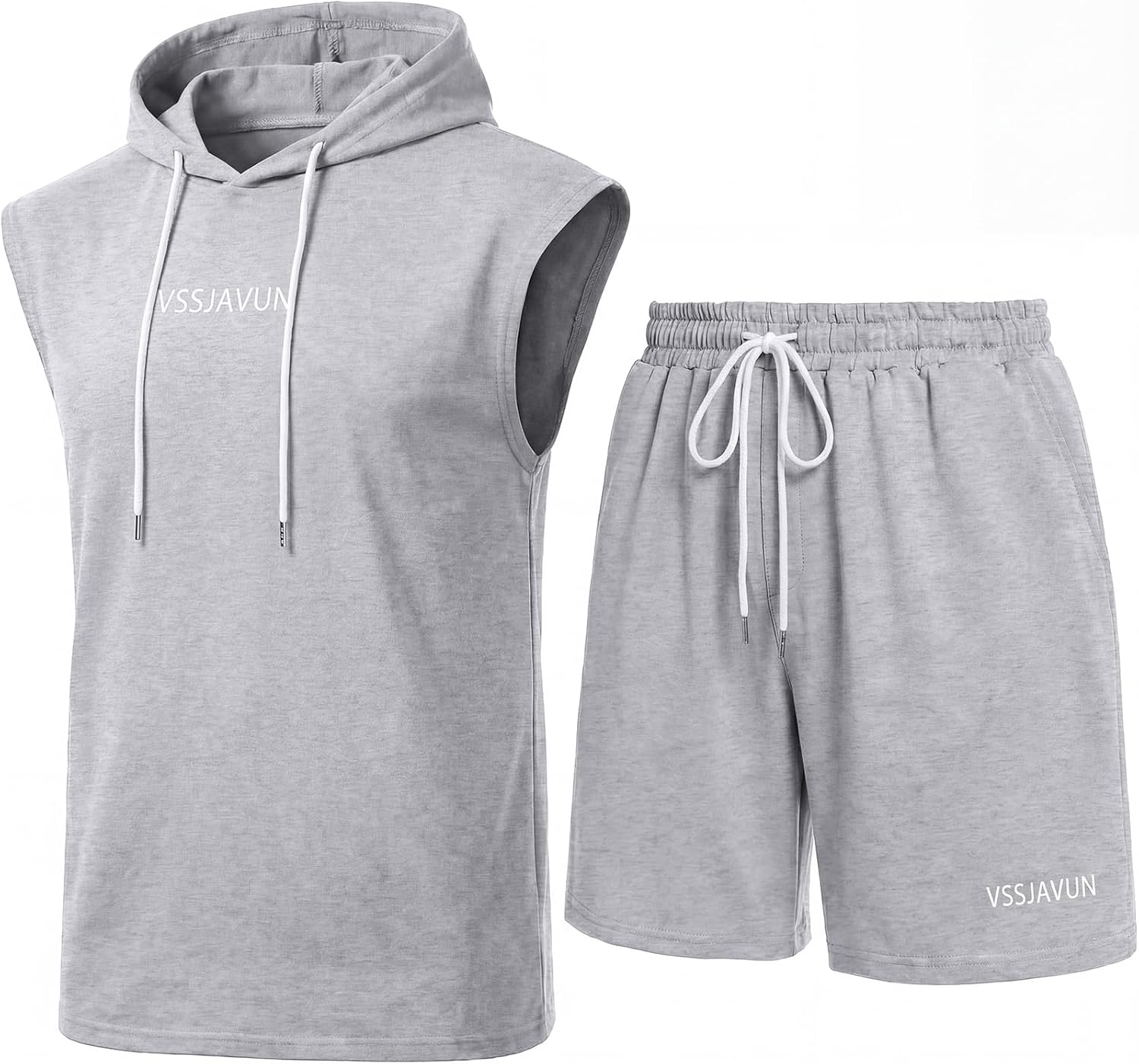 Vssjavun Mens Shorts Sets Hoodie 2 Pieces Sleeveless Workout Hooded Outfits Tracksuit Sweat Suit Sets