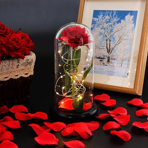 Miniatura 6 de Regalo de San Valentín para ella, rosa de la Bella y la Bestia para mujer, cristal rojo de seda con base de luces LED, regalo único para novia,