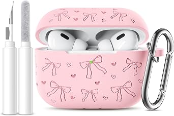 Lerobo for AirPods Pro 2 Case Cover, Cute Bow Heart Engraved Girly Design Soft Silicone Cover with Cleaner Kit & Keychain, Compatible with Apple AirPods Pro Case for Women, 360Protection, Pink