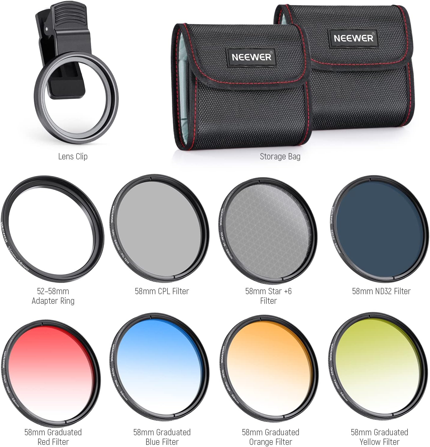NEEWER 58mm Lens Filter Kit with Clip, CPL + ND32 + Starlight + 4 Graduated Colors, Compatible with iPhone 17 16 16e 15 14 Pro Max Canon Nikon Sony Camera