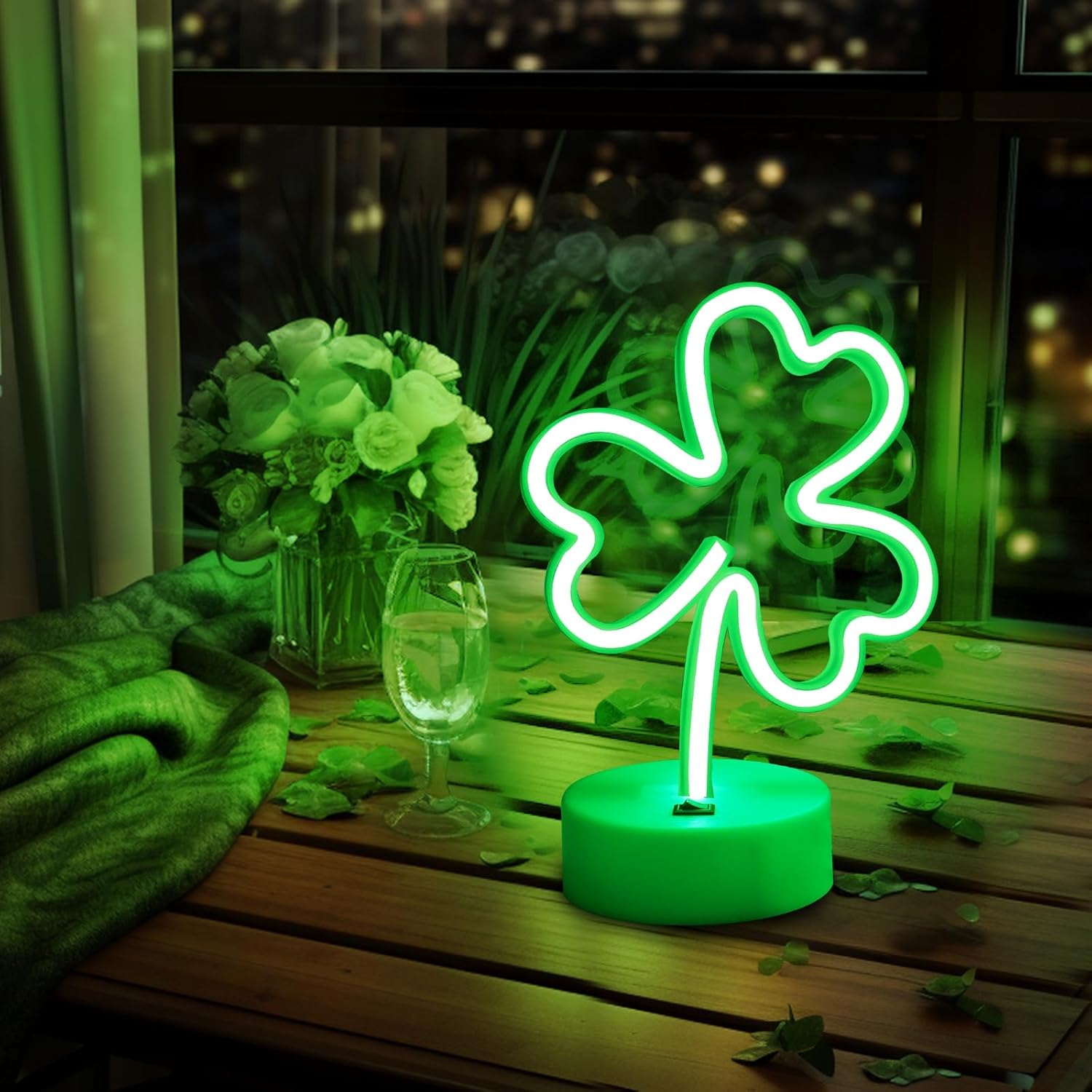 2 Pack St Patricks Day Decorations Neon Signs with Holder Base, USB or Battery Operated Neon Light Green Lucky Clover Lights, LED Table Decoration for Bedroom Indoor Wedding Kids Room Birthday Party