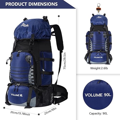 Miniatura 5 de Mochila de senderismo de 90L, bolsa de camping impermeable con cubierta de lluvia, mochila ligera para mochileros, sin marco