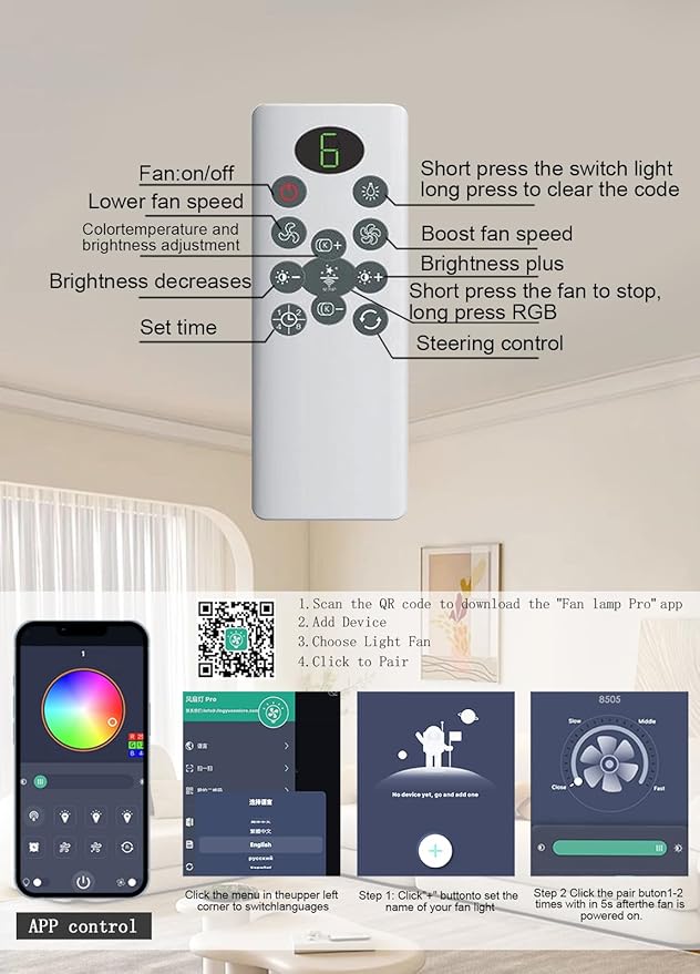 Ventilador de Techo 132 cm con Luz, 6 Velocidades, 120V miniatura 8