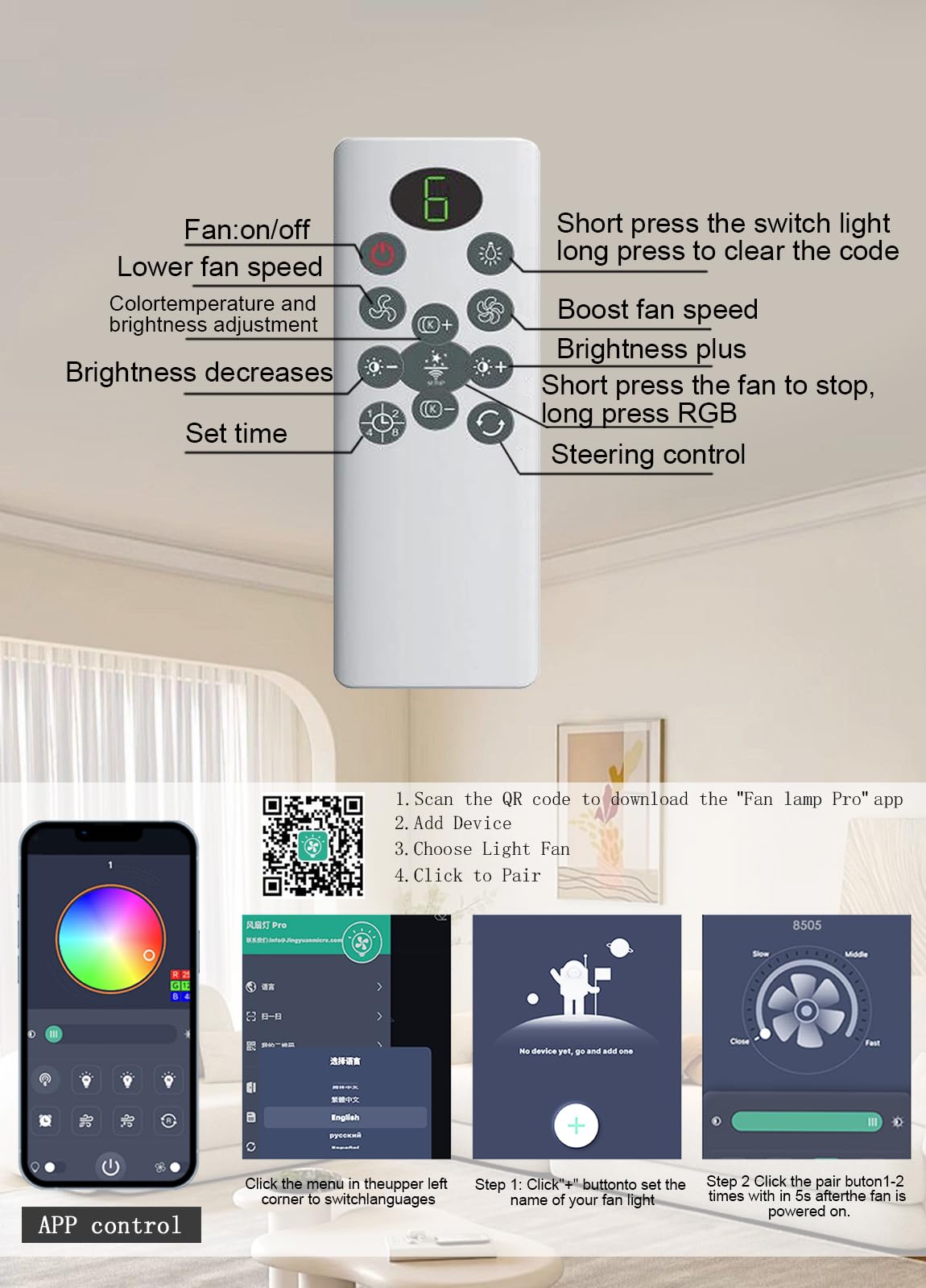 52 inch Ceiling Fan with Light 6 Speeds Reversible Low Profile Ceiling Fan with Light and Remote APP — view 8