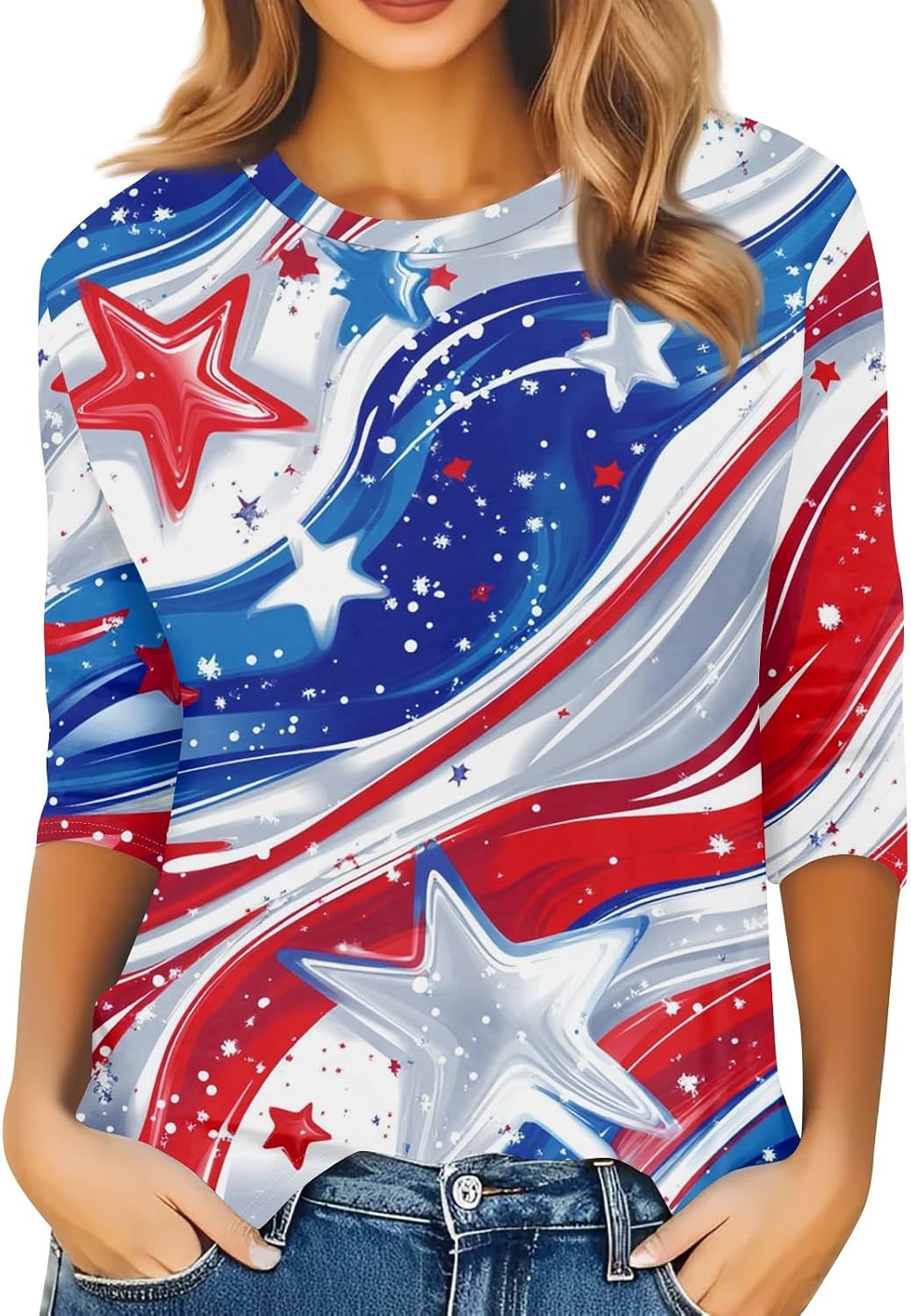 Women's 250 Years America Shirt, 4Th of July Shirts, 3/4 Sleeve Crewneck Patriotic T-Shirts, S-5XL