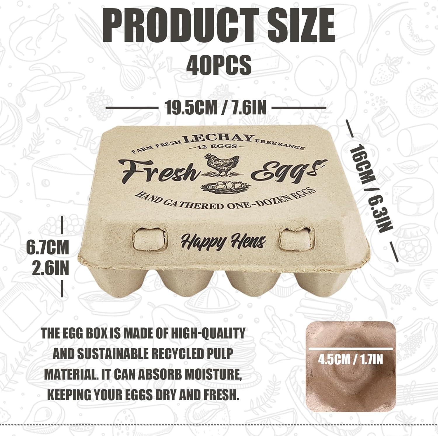 Lechay 40 Pcs Egg Cartons Cheap Bulk, 3x4 Eggs 12 count Pulp Paper Egg Tray Egg Tray Container for Supermarkets, Kitchen, Vegetable Markets