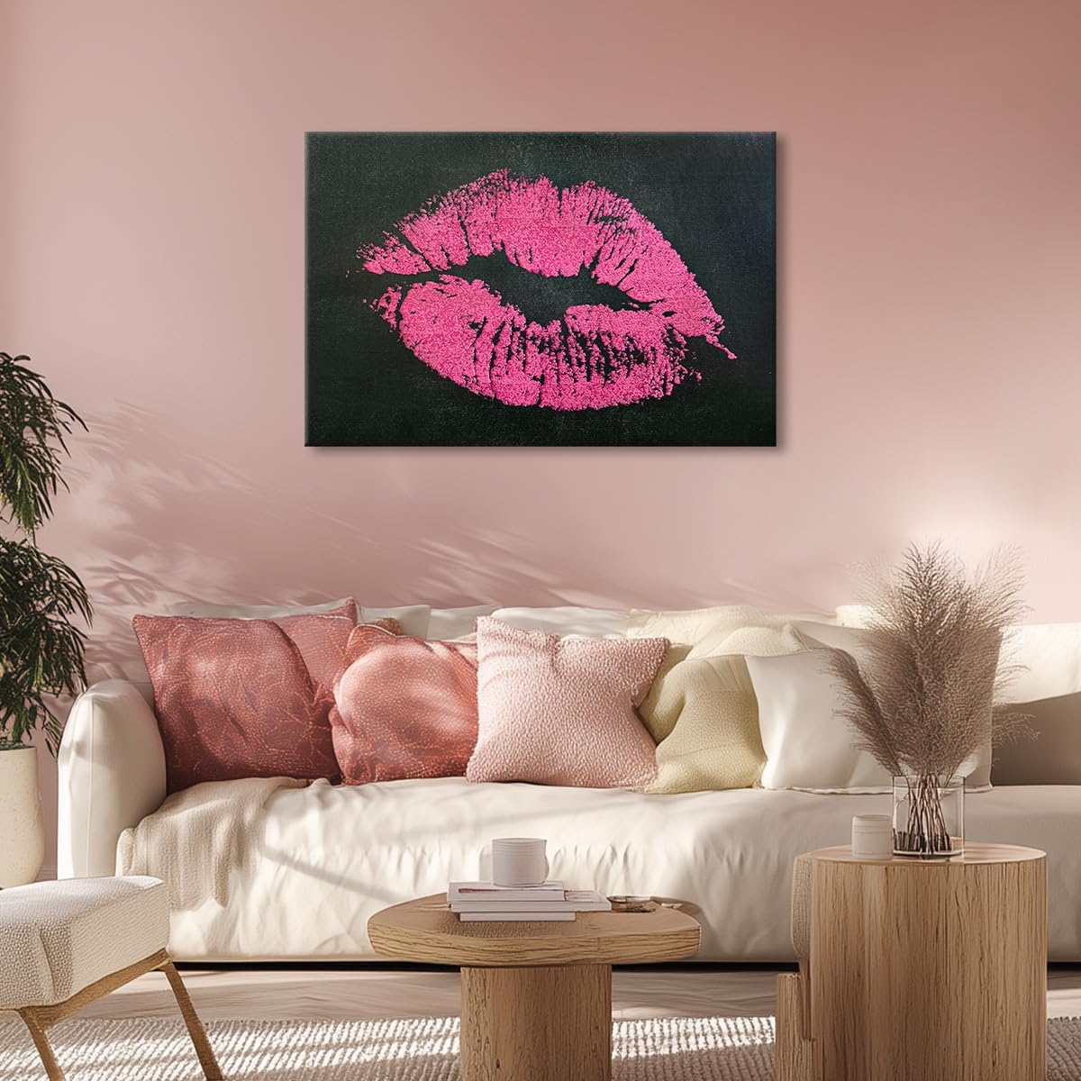 llribbons Pink Lips Canvas Wall Art Fashion Sexy 3D Textured Glitter Lip Print Painting Makeup Room Wall Decor Hand Painted Modern Glam Poster for Living Room Bedroom Bathroom Decor Framed 12" x 16"