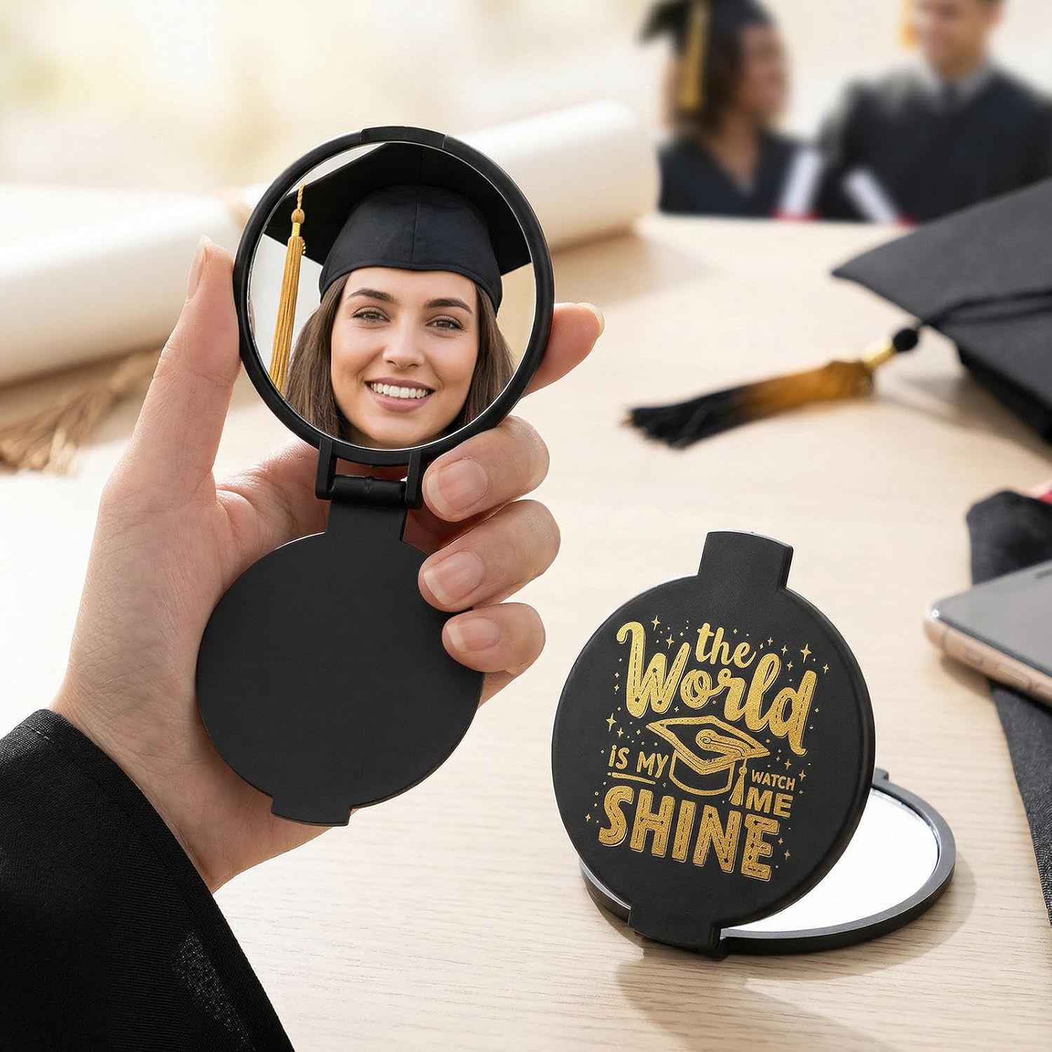 clothmile 50 Pcs Graduation Compact Mirror Bulk Black Mini Folding Pocket Purse Mirror Inspirational Cheer Gifts for University College Medical High School Student
