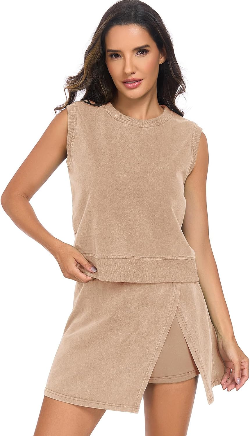Women's Summer Two Pieces Lounge Set Wash Cotton Sleeveless Tank Top Skort Set Trendy Split Athletic Skirt Shorts Outfits(Khaki,M)