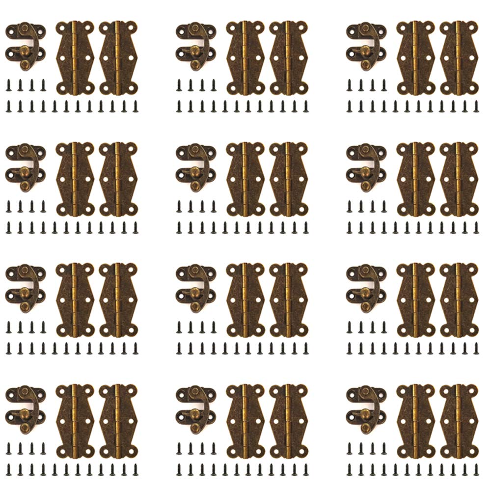 24-Piece Antique Small Box Hinges & 12-Piece Latch Hook Hasp Set – Vintage Jewelry Box Hardware Kit, Alloy, With 180 Screws, DIY Wooden Cases