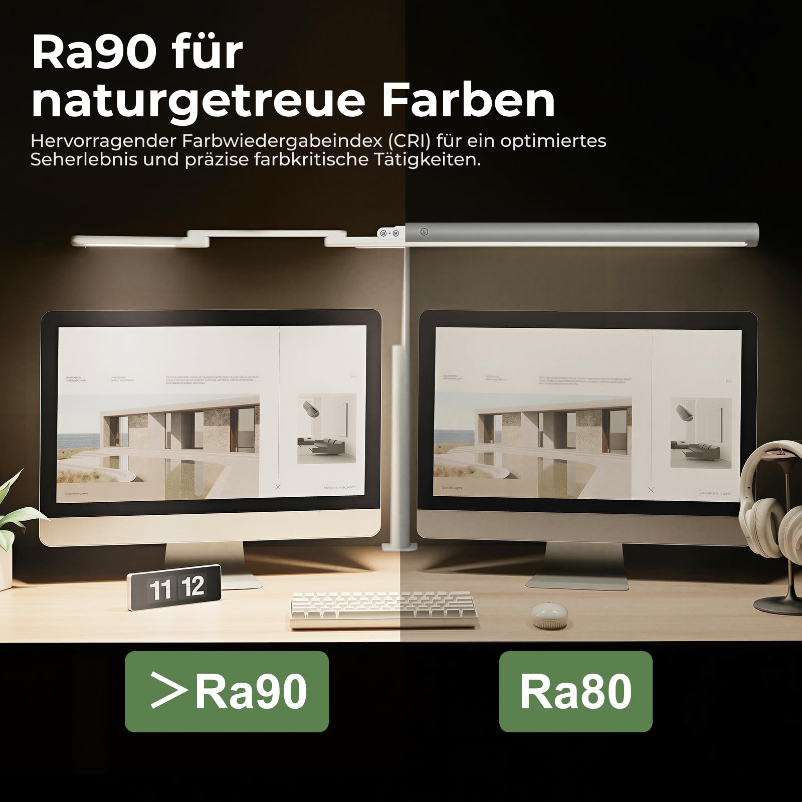 HOKO LED Schreibtischlampe, dimmbare Doppelkopf Klemmleuchte mit 1300 lm, 3000-6000 K, hohem CRI, 1050 mm ausziehbar für Dual Monitor, Homeoffice und L-Schreibtisch