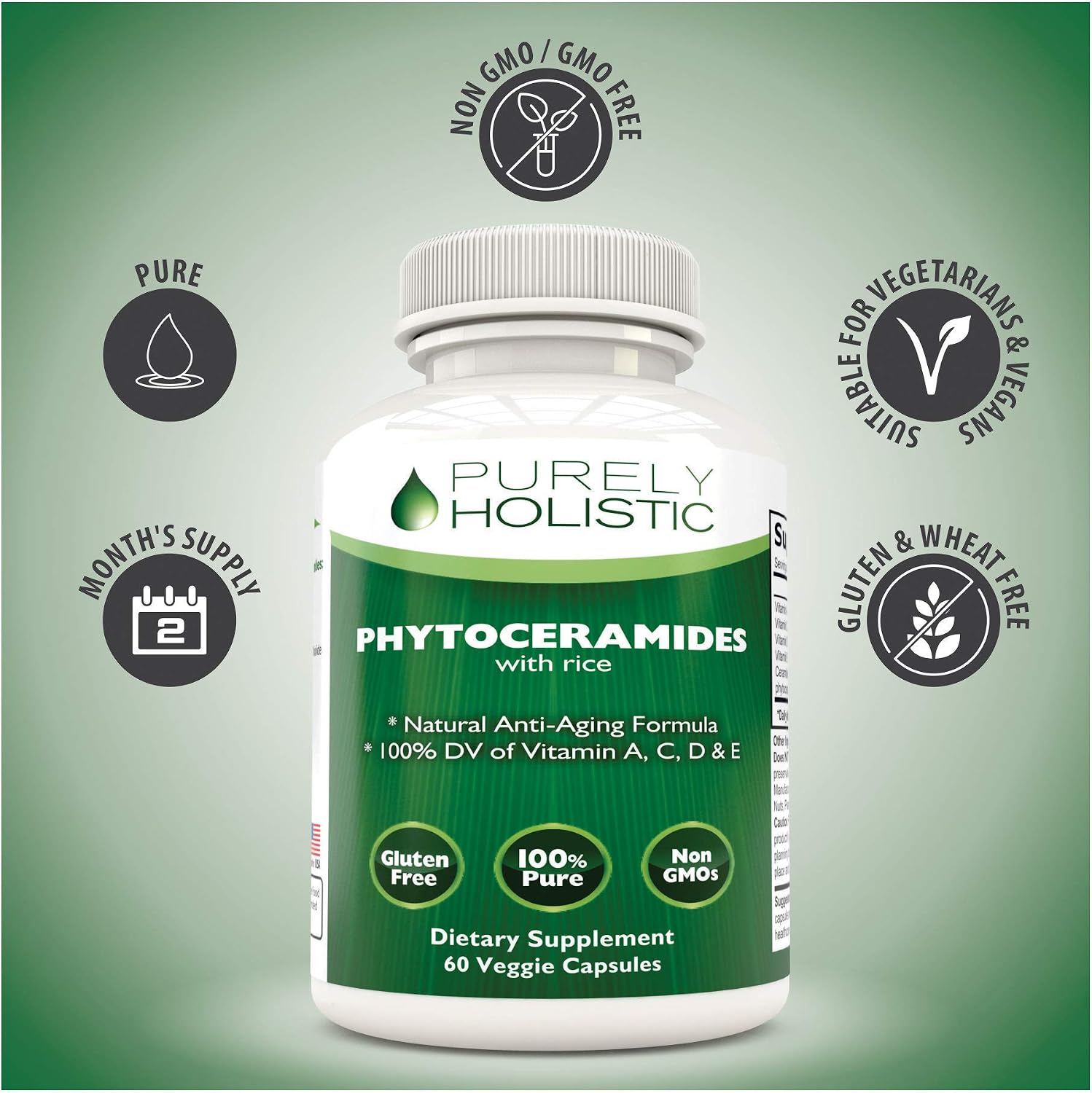 Phytoceramides Skin Therapy Supplement 60 Capsules 100% Rice Based 100% Natural Vegetarian/ Vegan Capsules 100% DV of Vitamin A,C,D & E with No Fillers or Artificial Ingredients
