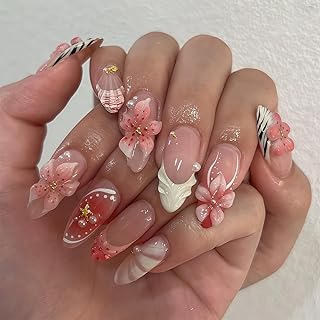 Press On Nails Mandel, 24 Stk Nägel Zum Aufkleben, 3D Blume Press On Nails Kurz Design Für Damen, Mädchen, Profis, Für Hochzeit, Party, Büro (White French)
