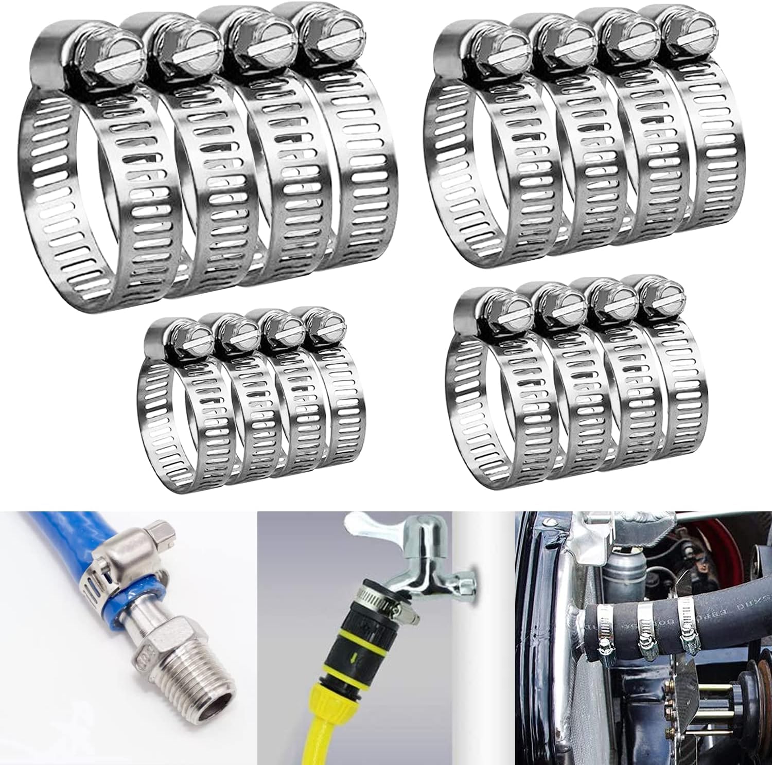 16 PCS Hose Clamps, 304 Stainless Steel Hose Clips Handle Adjustable 629mm Range 4 Sizes Pipe