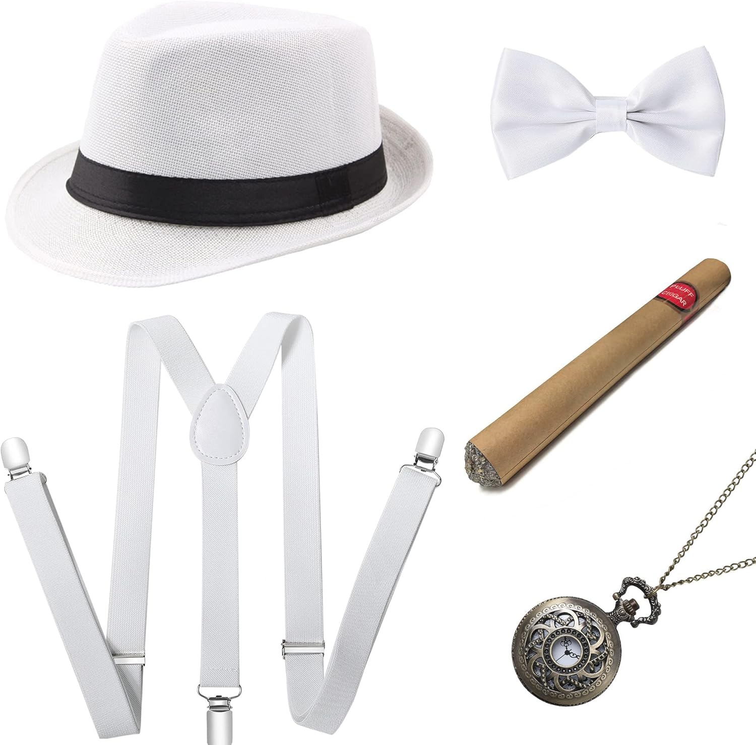 BABEYOND 1920s Mens Gatsby Gangster Accessories Set Panama Hat Suspender Bow Tie