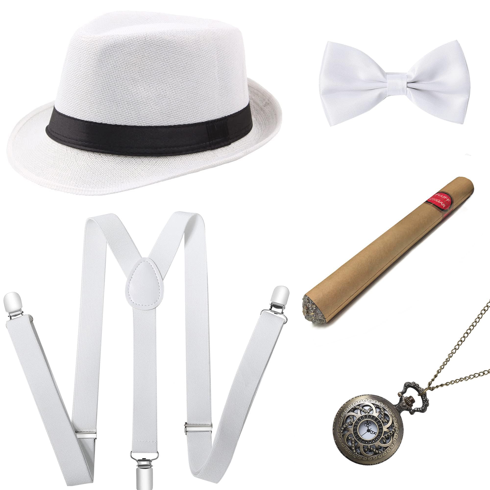 BABEYOND 1920s Mens Gatsby Gangster Accessories Set Panama Hat Suspender Bow Tie