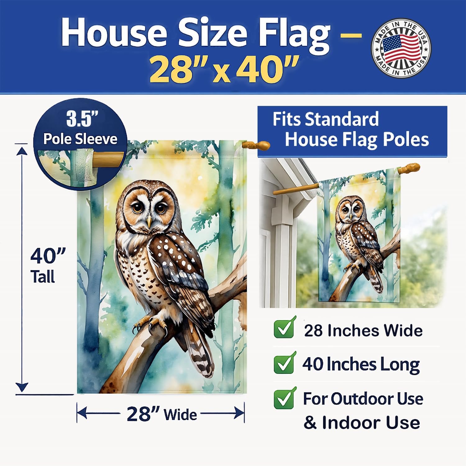 Caroline's Treasures Spotted Owl House Flag Large Porch Sleeve Pole Decorative Outside Yard Banner Artwork Wall Hanging, Polyester, House Size, Multicolor