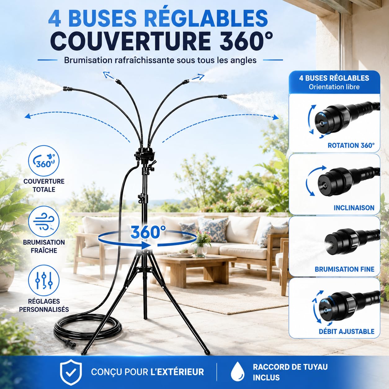 Brumisateur Terrasse sur Pied, Système de Brumisation Extérieur Réglable avec 4 Buses, Pulvérisateur d’Eau Portable pour Jardin, Patio, Piscine, Barbecue et Rafraîchissement d’Été (Noir)