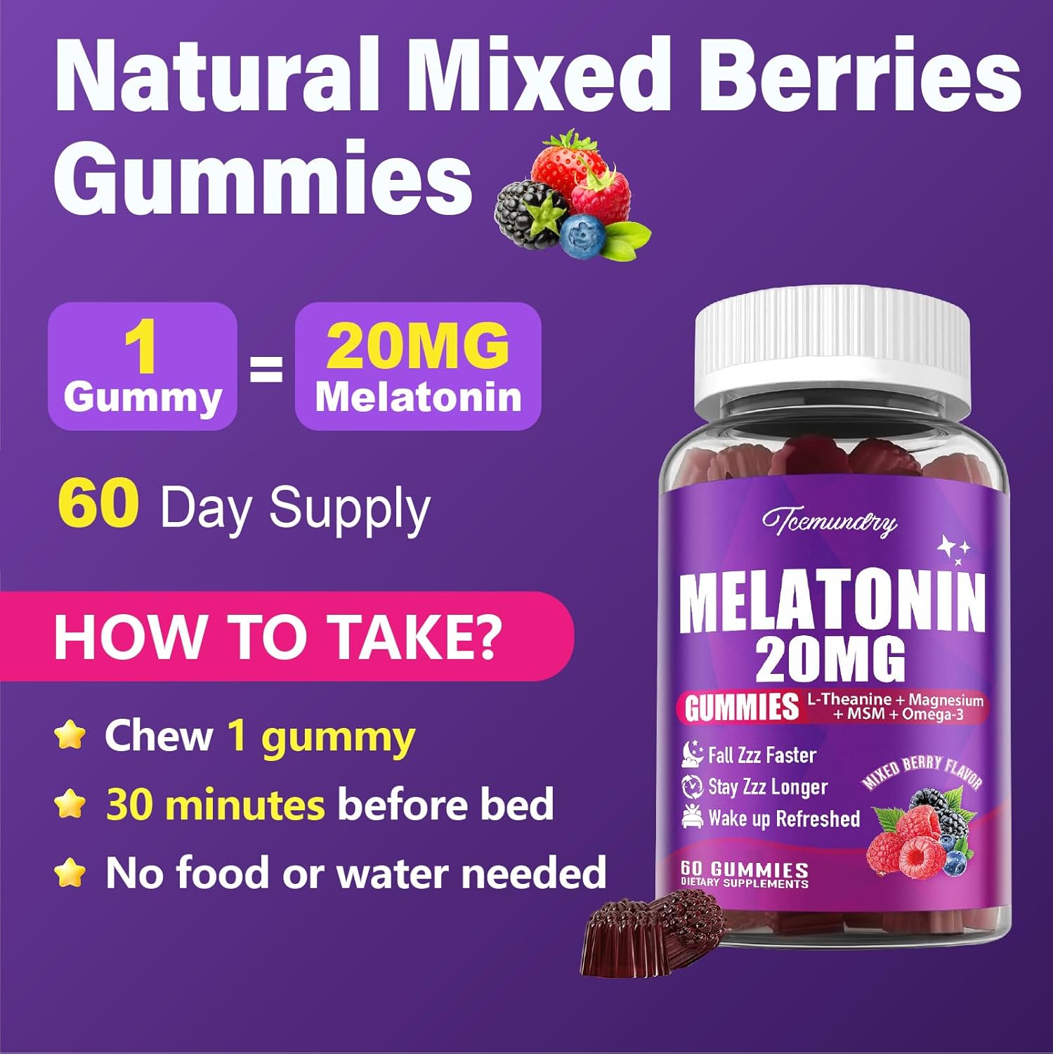 Melatonin Gummies 20mg for Adults - Maximum Strength Melatonin Gummies with L-Theanine, Magnesium, Omega-3, MSM, D3 & Zinc - Non-Habit Forming, Vegan, Non GMO, Natural Mixed Berry Flavor - Image 7