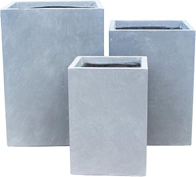 Kante AF0007ABC-60611 Lightweight Concrete Square Outdoor Planter, Set of 3, 19 Inch Tall, Gray