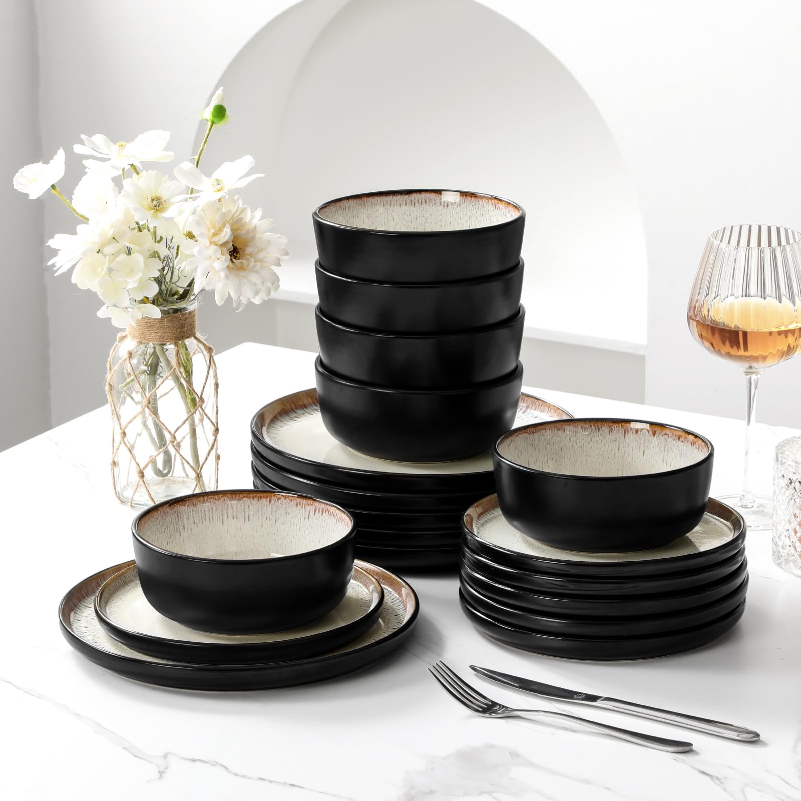 vancasso Juego de platos y cuencos, vajilla de cerámica de cerámica, platos de cocina de cerámica, aptos para mircowave y lavavajillas, 18 piezas, color blanco ostra 8