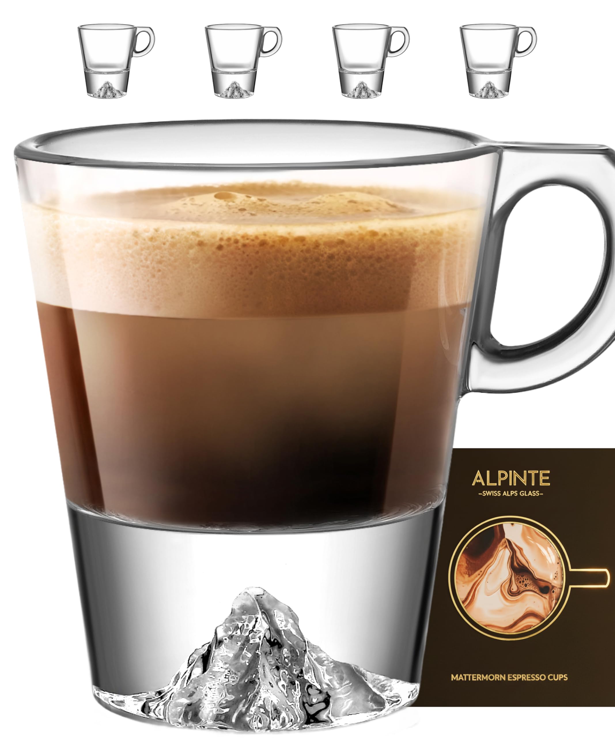 Espressotassen Set 4x60ml mit Henkel, Handgemachte Espresso Gläser aus Borosilikat, Topographic Gläser & Mokkatassen, Espresso Tassen Set mit Geschenkbox