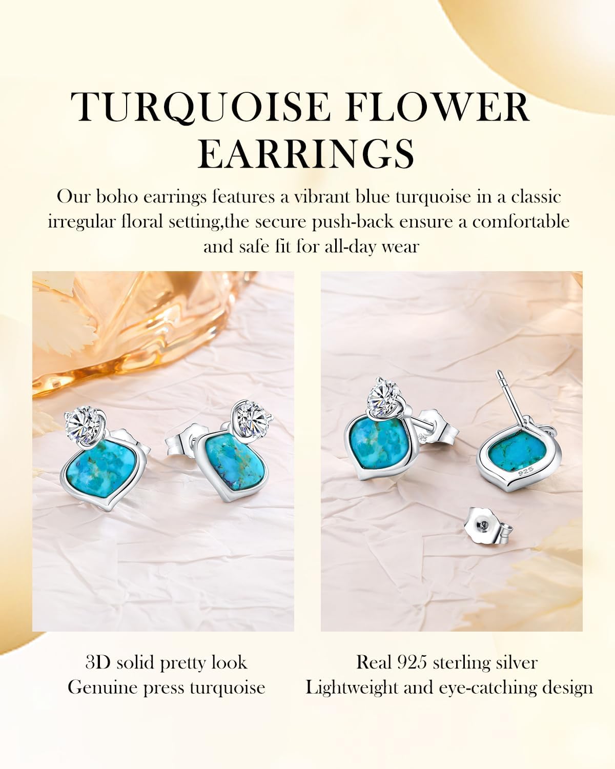 AIBAO Sterling Silver Turquoise/Malachite/Pearl Stud Earrings for Women Natural Gemstone Flower Post Earrings Bohemian Jewelry Gift for Anniversary Christmas Valentines - Image 4
