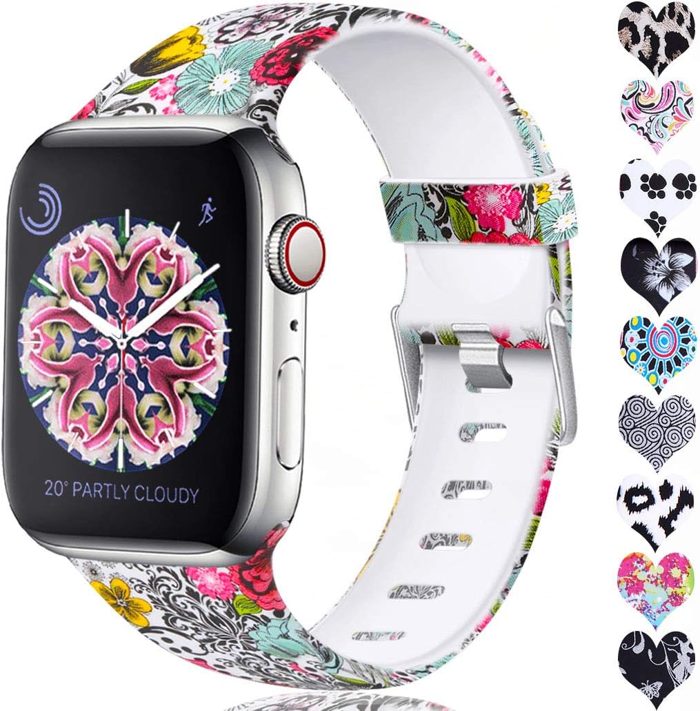 Laffav Compatible with Apple Watch Band 40mm for Women Men with Case, Classic Flower, S/M