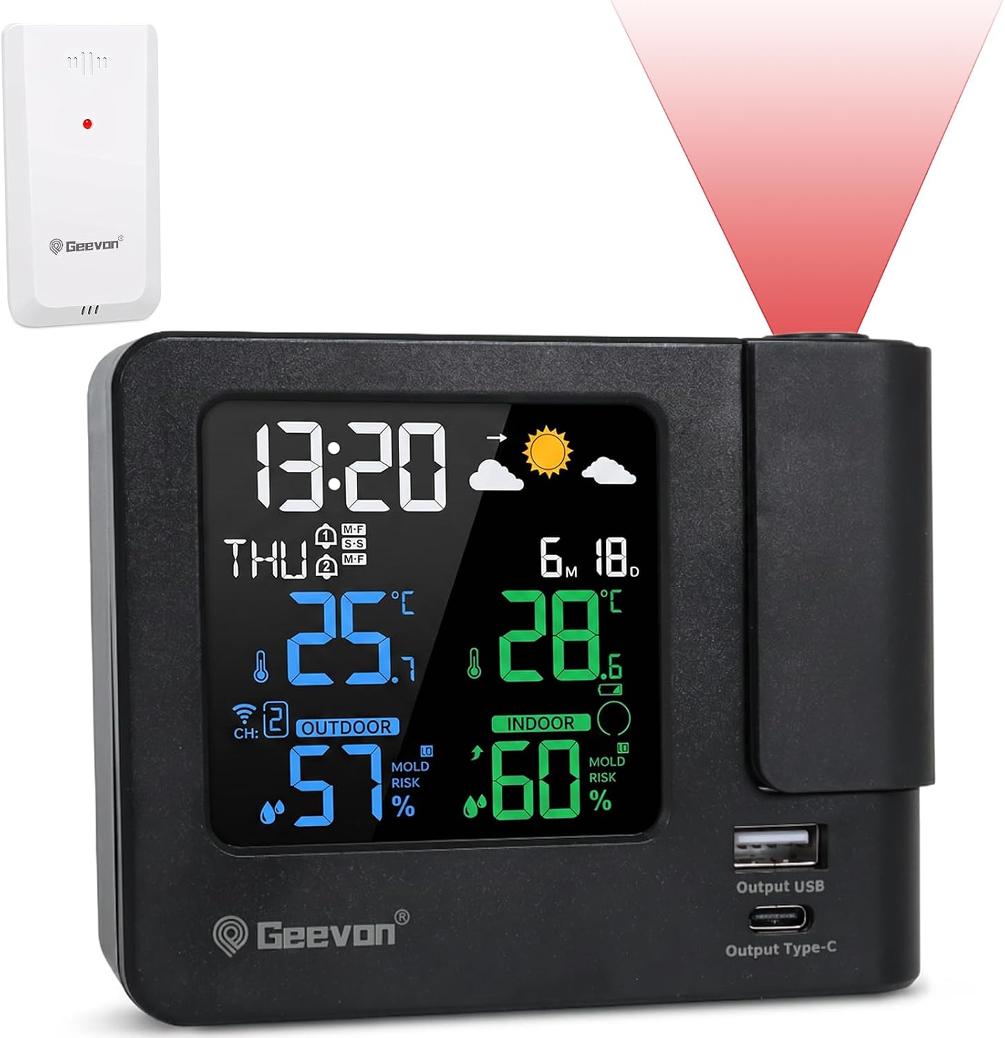 Geevon Projection Alarm Clock for Bedroom Ceiling with Weather Station