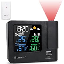 Geevon Projection Alarm Clock, Digital Clock Projector on Ceiling with Indoor/Outdoor Temperature Display, Atomic Alarm Lock Weather Station, Dual Alarms, Colored Backlight, Bedroom Weather Forecast