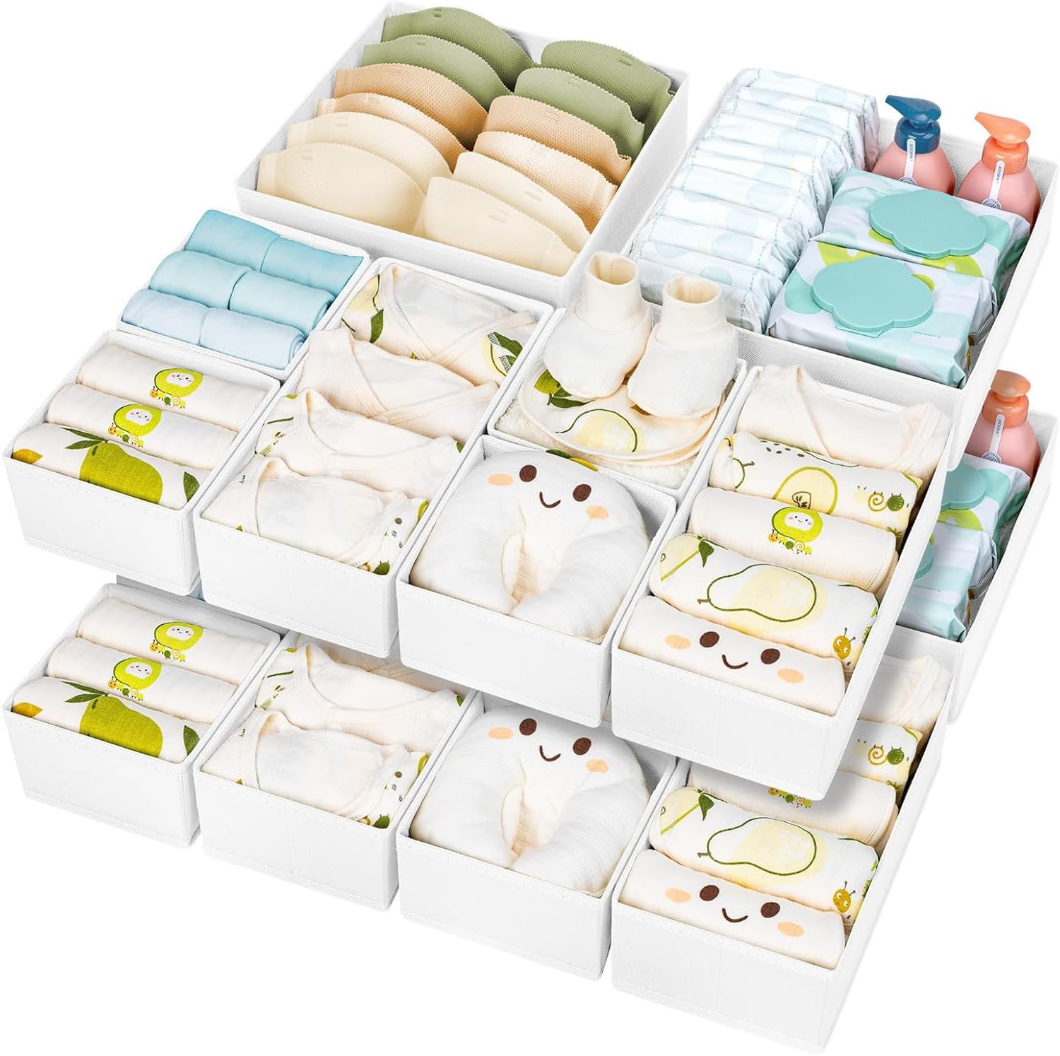 DIMJ Schubladen Organizer Kleidung Baby- 15er Set Faltbare Unterwäsche Kleiderschrank Organizer, Aufbewahrungsbox Stoff Schubladen Ordnungssystem für Hosen, Kleidung, Socken, Weiß