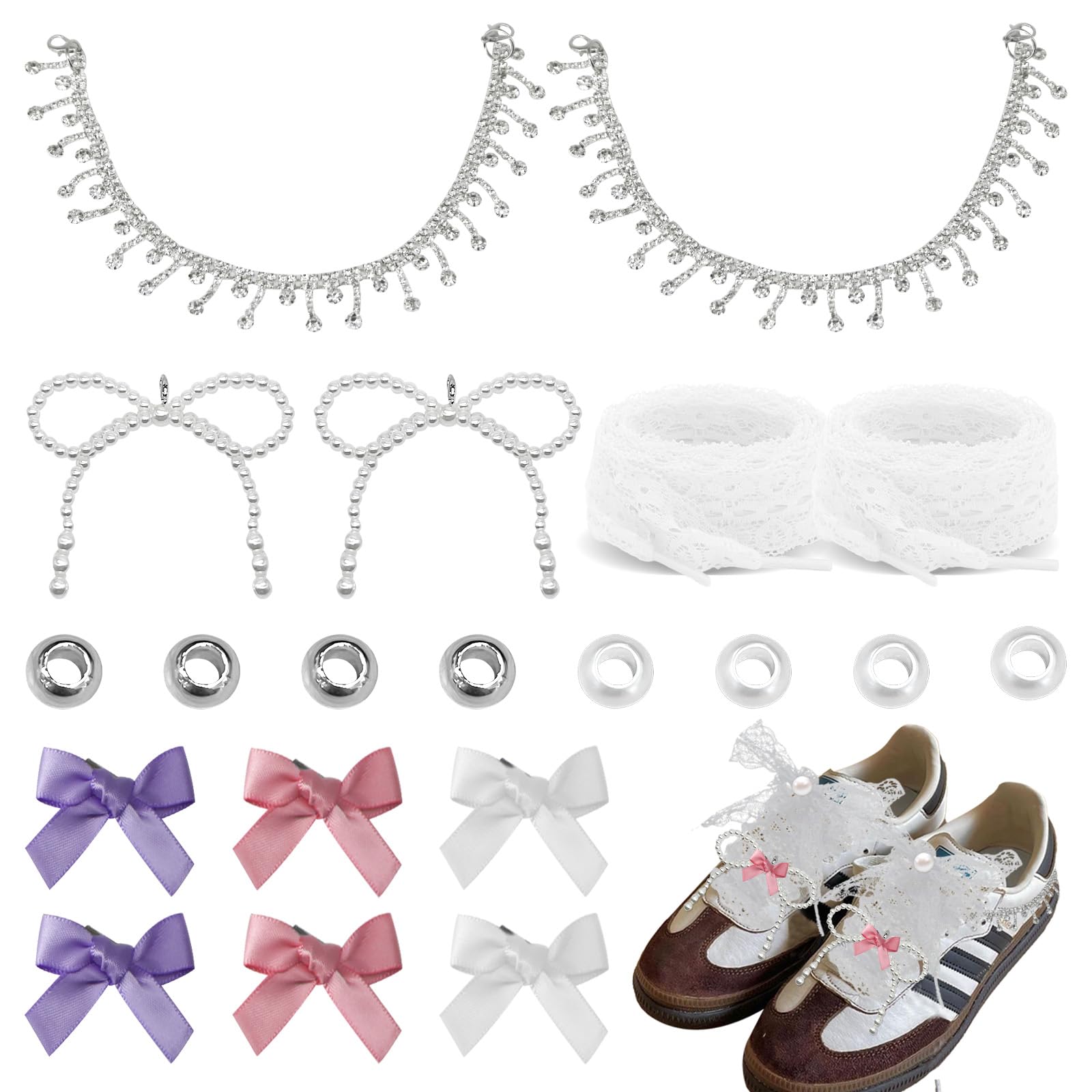 ATCCPYDM Shoe Charms Chains Colorful Beaded Shoe Chain Y2k Lace Shoelace Pearls Bowknot Decoration for Sneakers Charms DIY Accessories