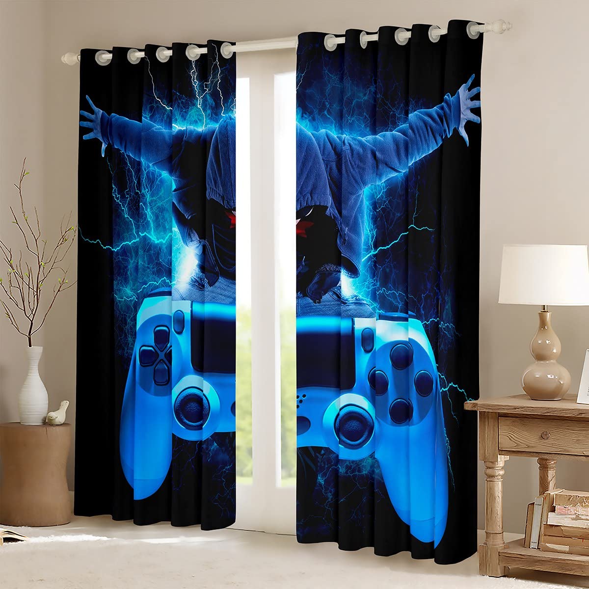 Tbrand Jungen Modern Gamer Blickdichte Vorhänge Blau Gamepad Fenstervorhang 175x140cm für Kinder Mädchen Spiel Controller Vorhänge Games Console Lightning Raumdekoration