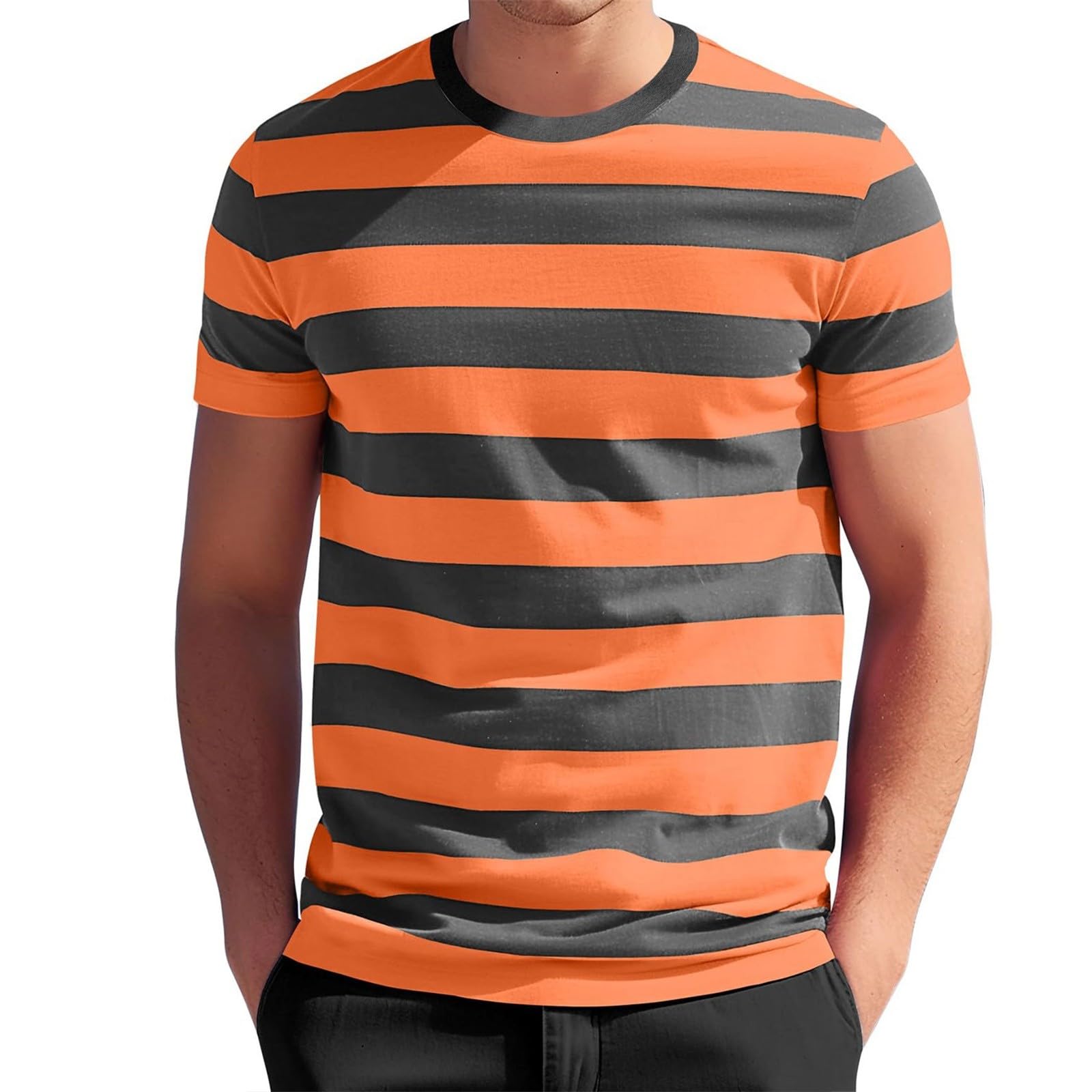 Camicia da uomo a maniche corte da uomo, colore a contrasto, a righe, casual, comoda, a maniche corte, vestibilità normale, per il tempo libero, scollo rotondo, traspirante, a maniche corte
