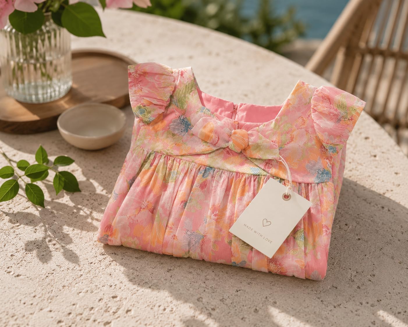 Vestido de verano para niña – Vestido floral de gasa con lazo, mangas volantes, elegante y ligero – Ideal para ceremonias, cumpleaños y ocasiones especiales, 1984