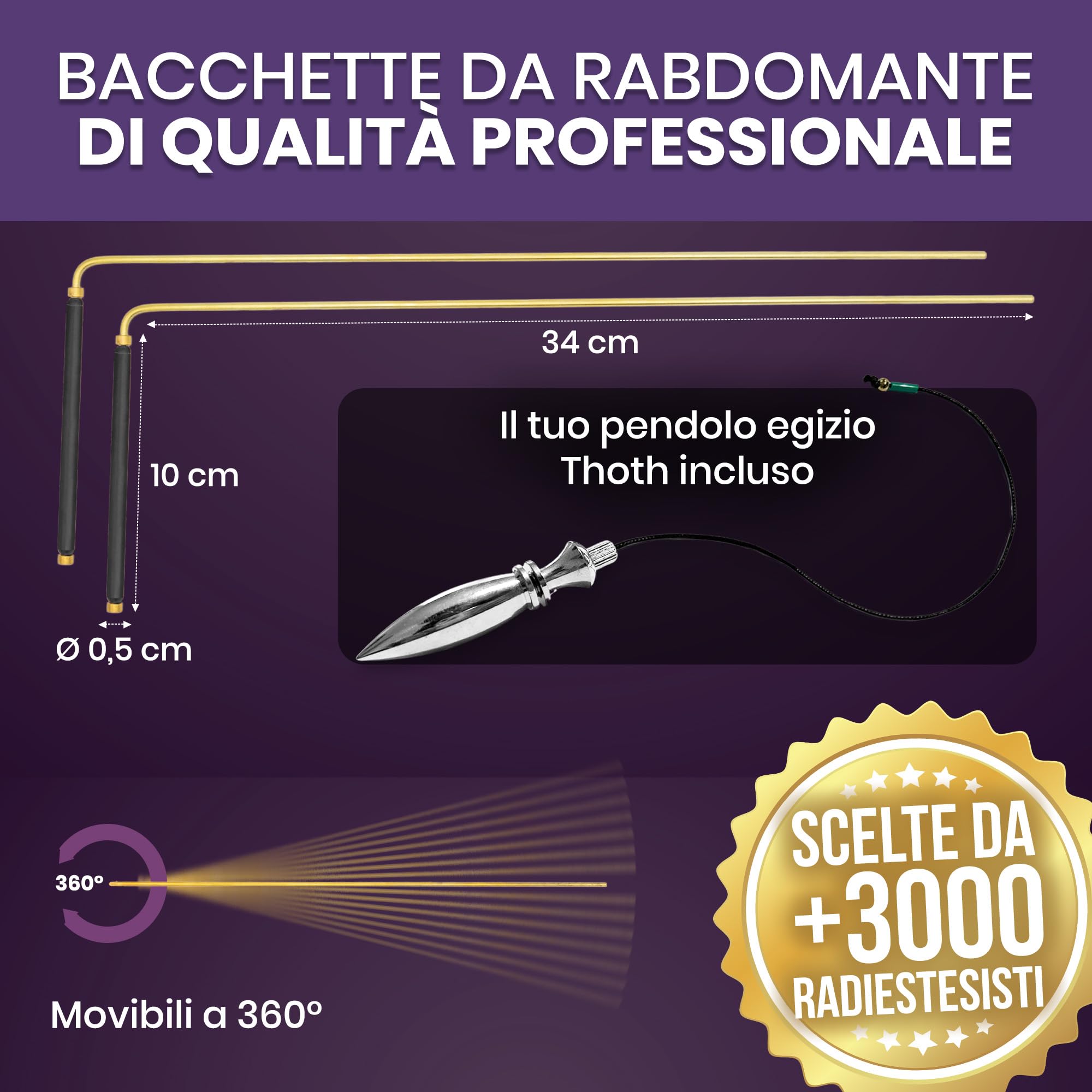 VIBRATIS Bacchette per Cercatore con Pendolo Egiziano Thot - Kit di Radiestesia in rame - Precisione e Affidabilità per Geobiologia, Paranormale e Divinazione - Marchio francese