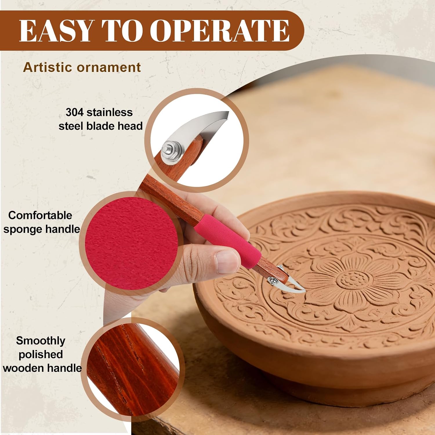 GtohHavea L3 V-Shaped Pottery Carving Tool, 304 Stainless Steel | Pear wood handle with comfort grip and gift box; for crisp lines, sgraffito, Mishima, and detail work