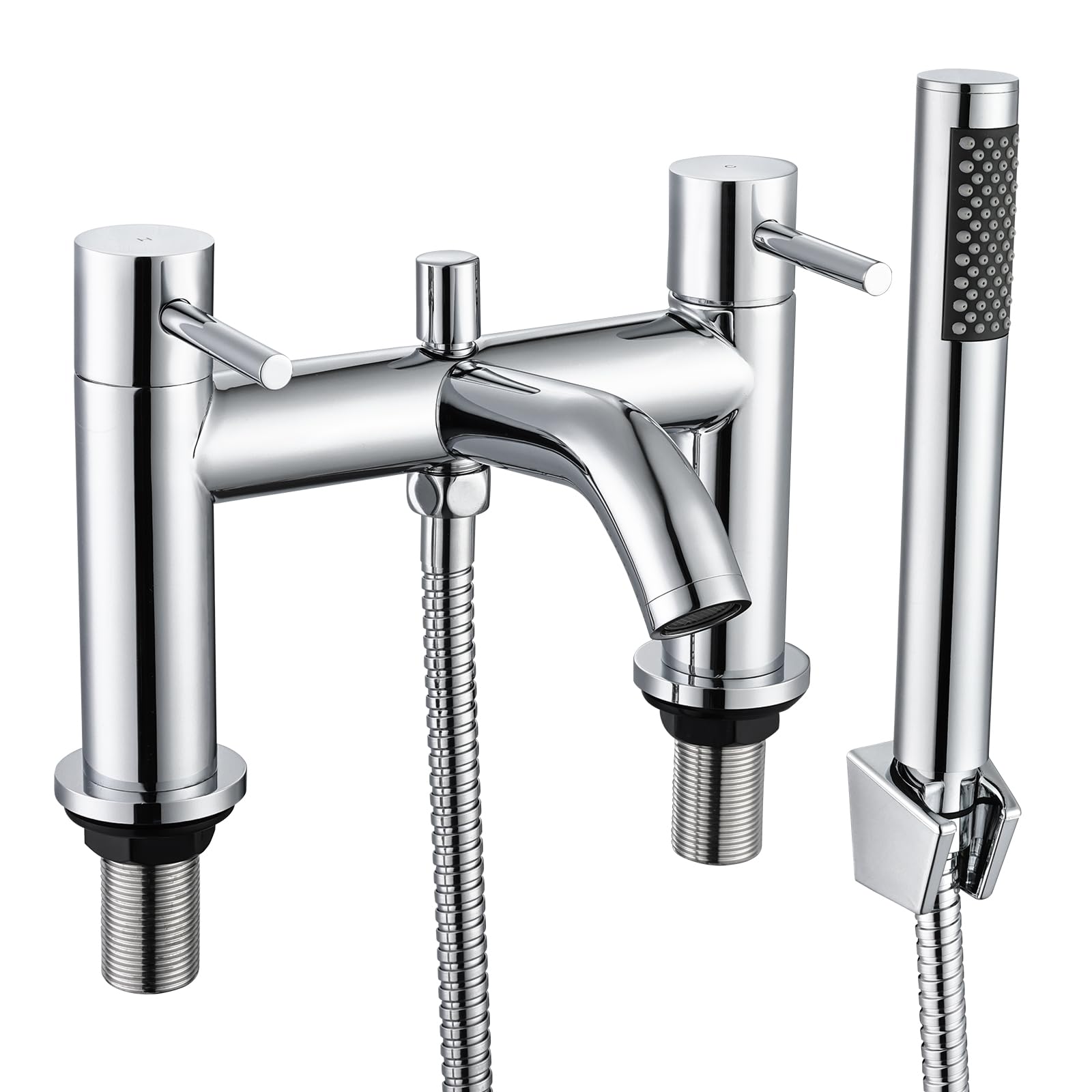 Hapilife Bath Taps with Shower Attachment, Dual Lever 2 Hole Bath Mixer Taps, Deck Mounted Bathtub Filler Tap with Handheld Shower, Chrome Stainless Steel Tub Faucet for Bathroom