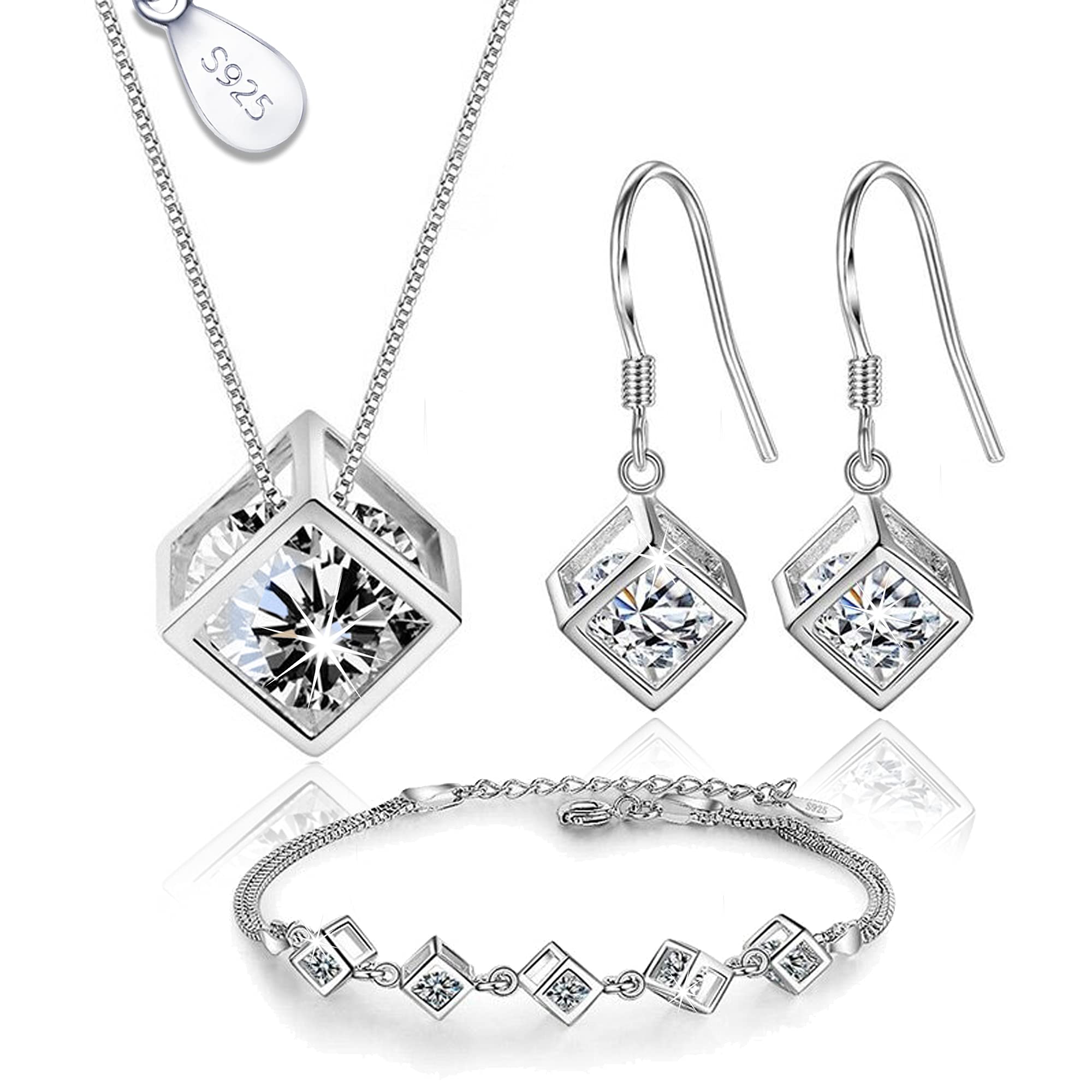 Crystalina Juego de Joyas de Plata 925 para Mujer - Conjunto de Collar Pendientes y Pulsera con Circonitas - Conjunto joyas de plata para Mujer - Regalos Originales para Mujer (Cubo)