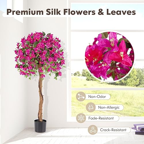 Miniatura 3 de Goplus Árbol artificial de buganvillas de 4.5 pies, árbol de flores de seda sintética en maceta con 312 flores, 624 hojas, planta de suelo falsa