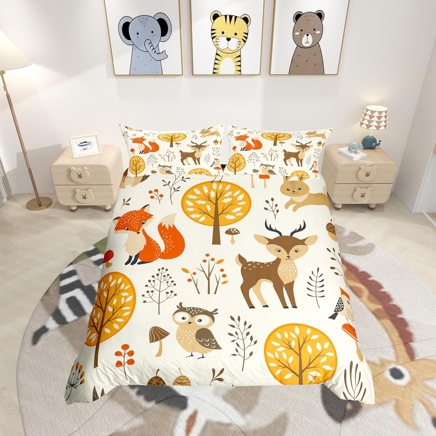 Cute Deer Bedding Set Kids 3D Kids Kawaii Cartoon Animal Fox Comforter Cover Set for Boys Girls Yellow Plants Duvet Cover Bedspread Cover King Size Zipper Breathable