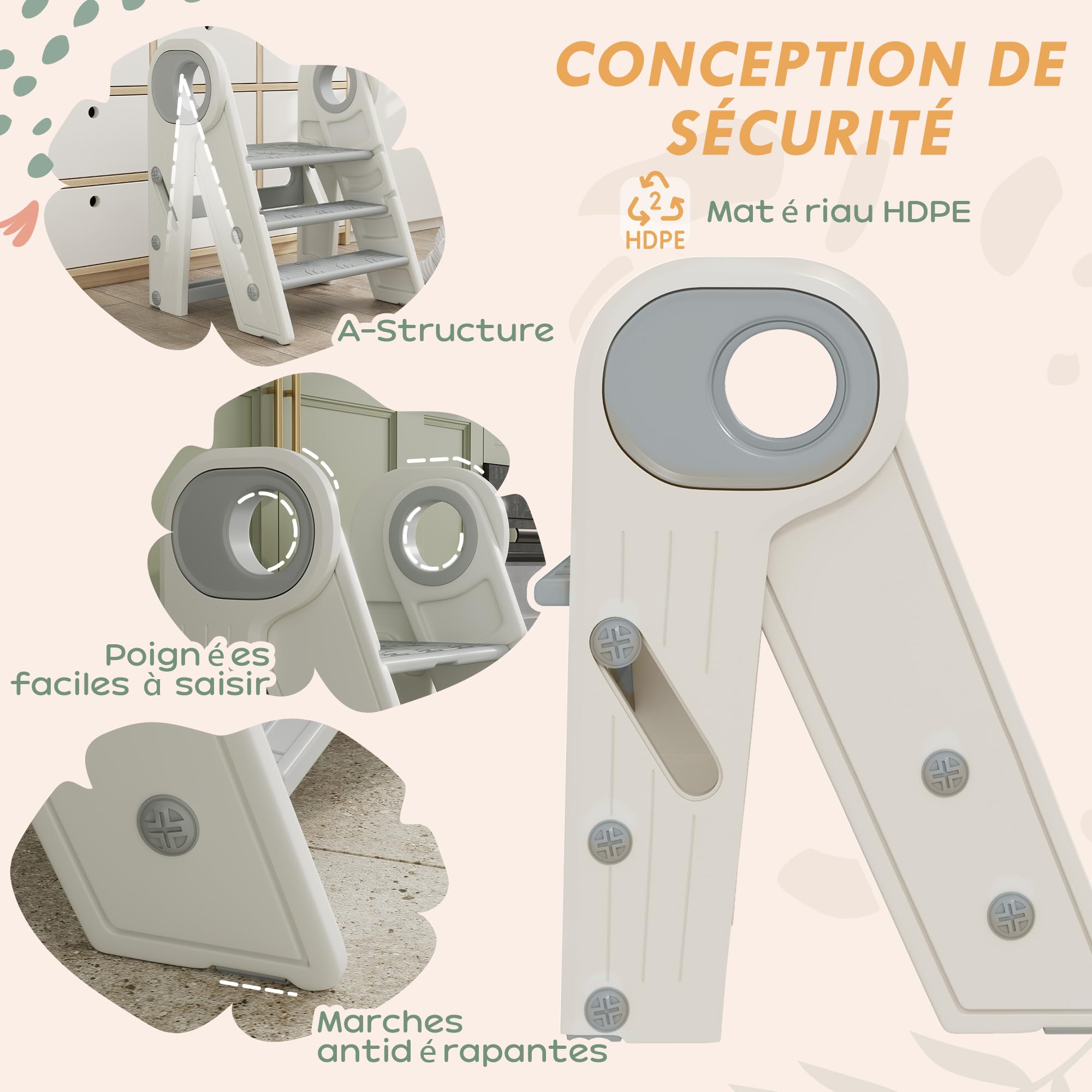 AIYAPLAY Marche Pied pour Enfant 3 marches, Pliable, avec poignées, Gris | Marchepied de cuisine pour enfant, hauteur ajustable, surface antidérapante, pour salle de bain, cuisine